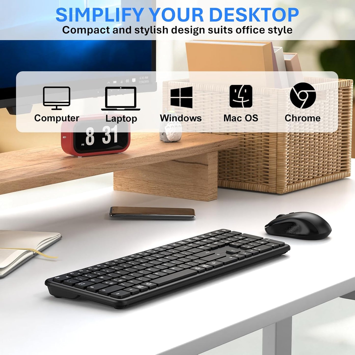 EAYBLLY 2.4G Set Wireless Keyboard and Mouse Combo, Full-Size Silent Ergonomic Keyboard and Mouse, Sleep Mode, Long