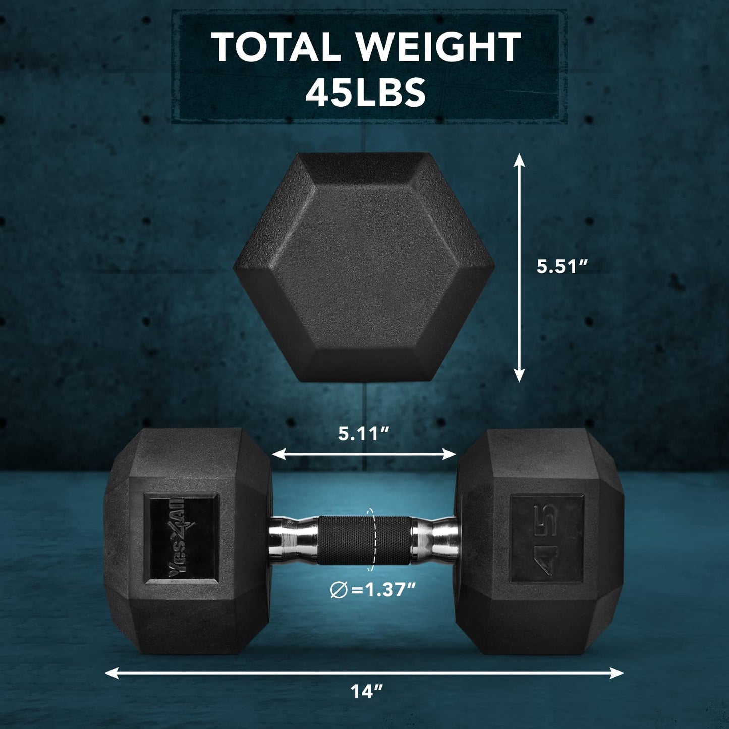 Yes4All Hex Dumbbell Rubber Grip - Premium heavy weight Dumbbell - 45lbs