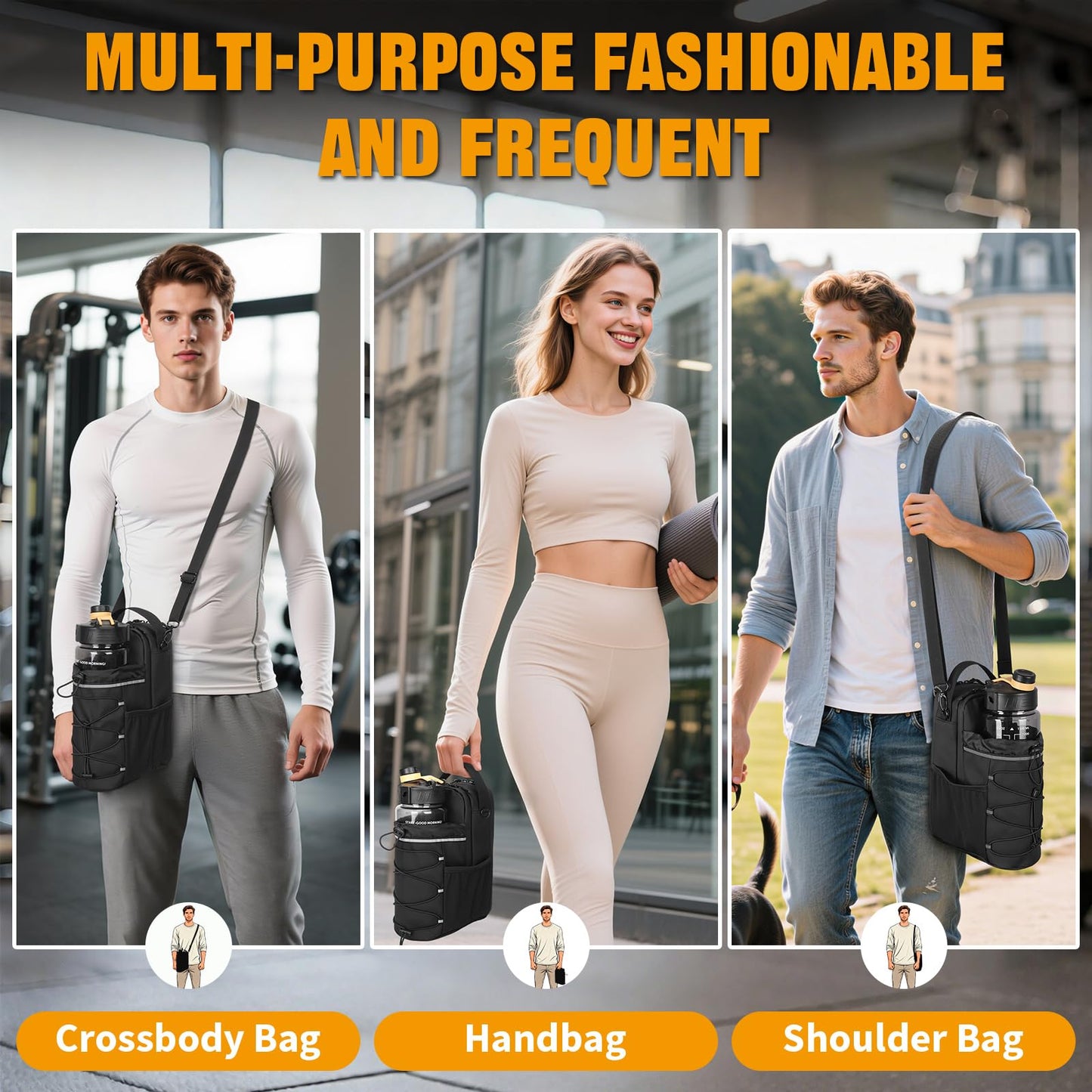 HUNTVP Magnetic Gym Bag Water Bottle Carrier Holder with Shoulder Strap & Phone Pockets, 64oz Large Magnetic Water Bottle Bag Pouch for Gym Fitness Accessories for Men and Women (4 Strong Magnets)