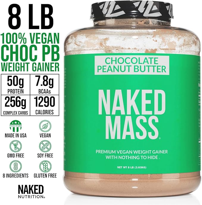 NAKED Vegan Mass - Chocolate Peanut Butter - 1,290 Calories, Nothing Artificial, All Natural Chocolate PB Weight Gainer Protein Powder, Non-GMO, Soy & Gluten Free - 8LB Bulk - 11 Servings