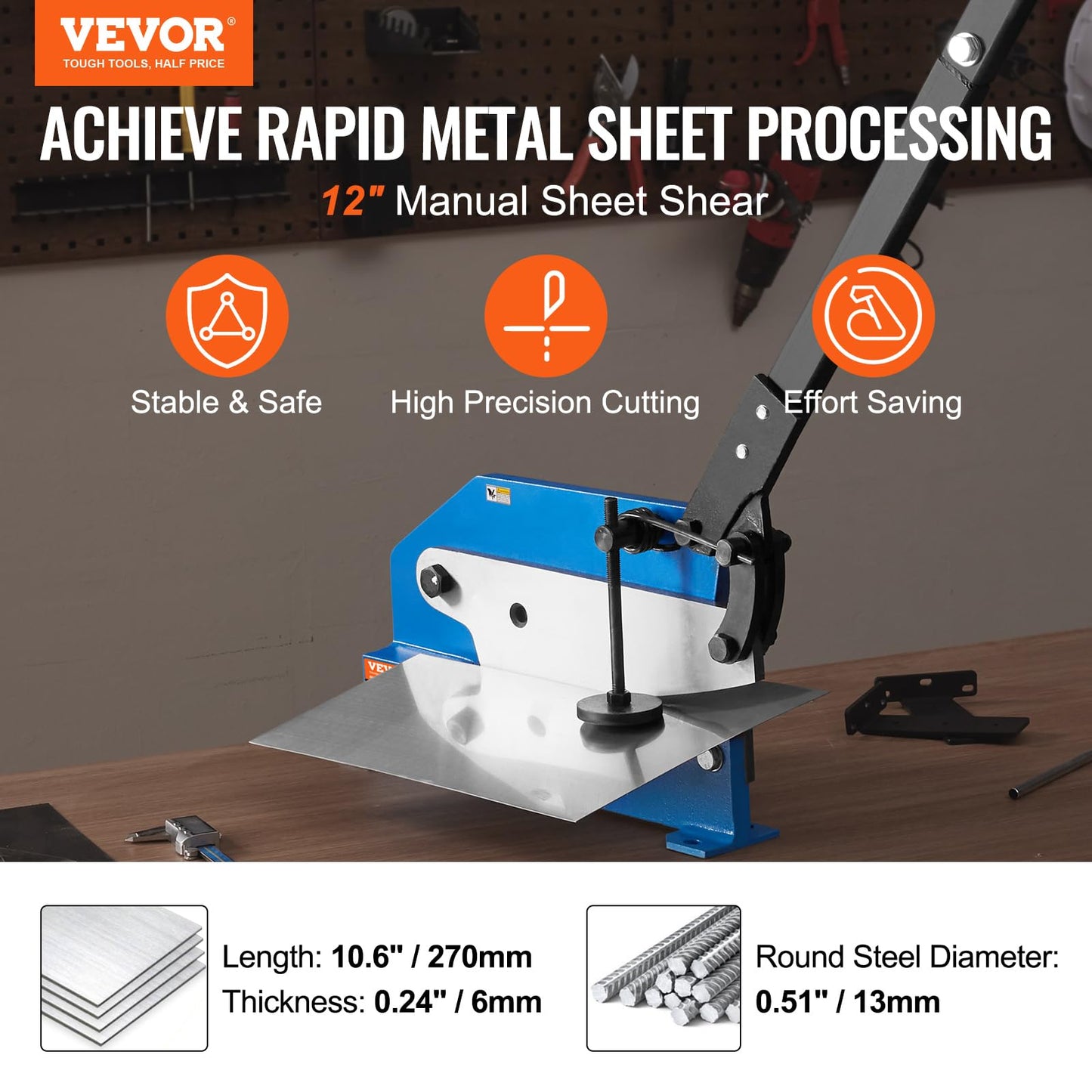 VEVOR Hand Plate Shear 12",Manual Metal Cutter Cutting Thickness1/4 Inch Max,Metal Steel Frame Snip Machine Benchtop 1/2 Inch Rod,for Shear Carbon Steel Plates and Bars