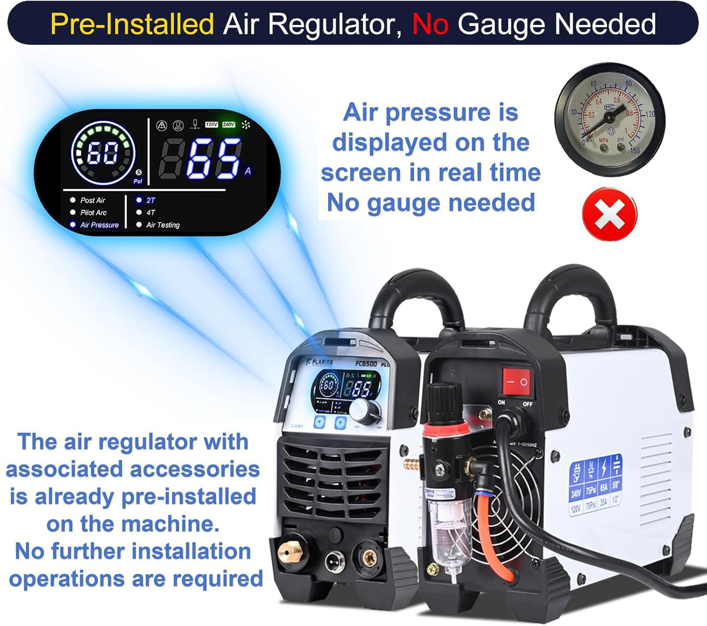 FLARING FC650D PLUS Plasma Cutter 65 AMP Touch Arc Plasma Cutter Machine 120/240V Dual Voltage, Digital Display, High Frequency IGBT Inverter, Post Air/2T/4T, 5/8" Clean Cut with Consumable