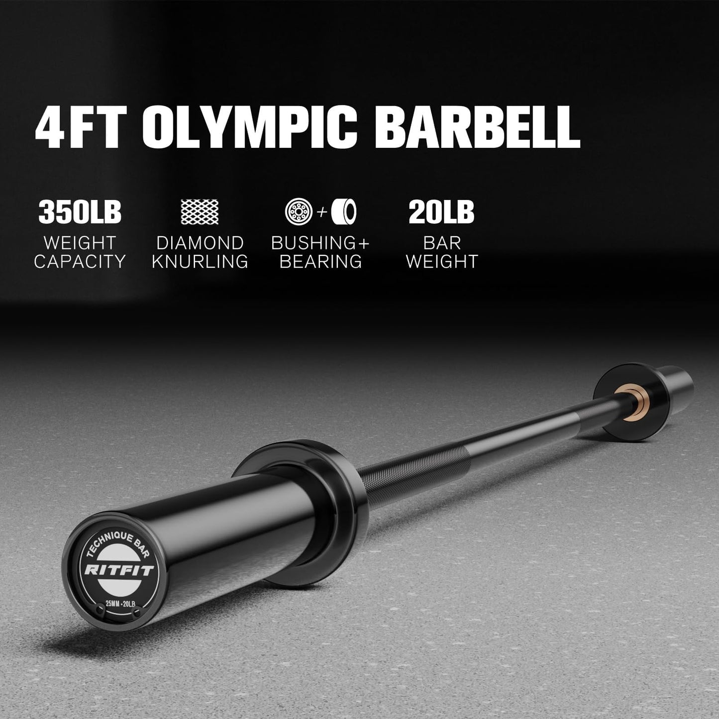 RITFIT Olympic Barbell 4ft/6ft - 2 Inch Weight Bar for Strength Training, Weightlifting, Squat, Deadlift, Bench Press, Curl, Overhead Press - 350lbs/500lbs Capacity 4FT Black with Collar