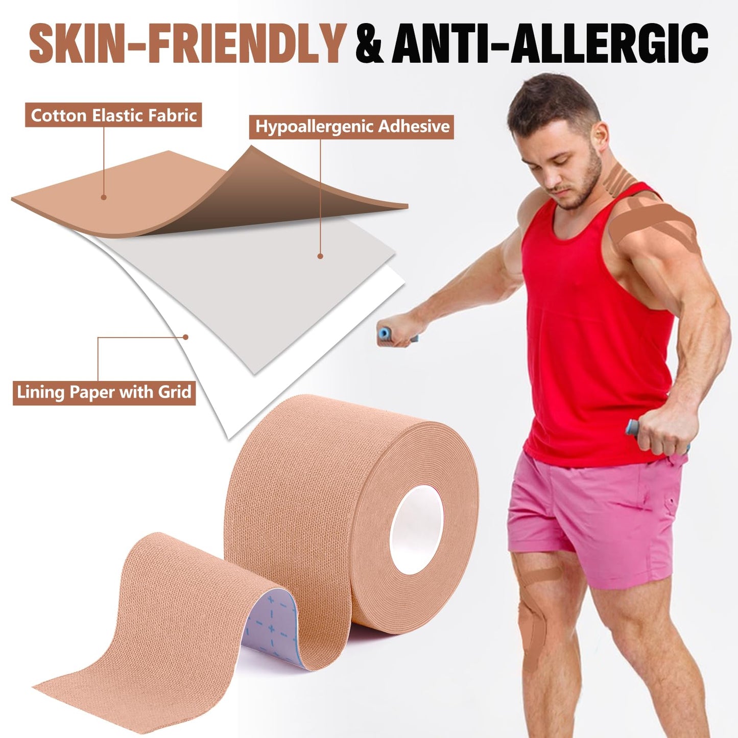 5 Rolls Kinesiology Tape, 2 inch x 16.4 Feet Waterproof Athletic Tape, Uncut Kinetic Tape, Muscle Tape, Sports Tape, Knee Tape for Exercise and Daily Use - Skin Color