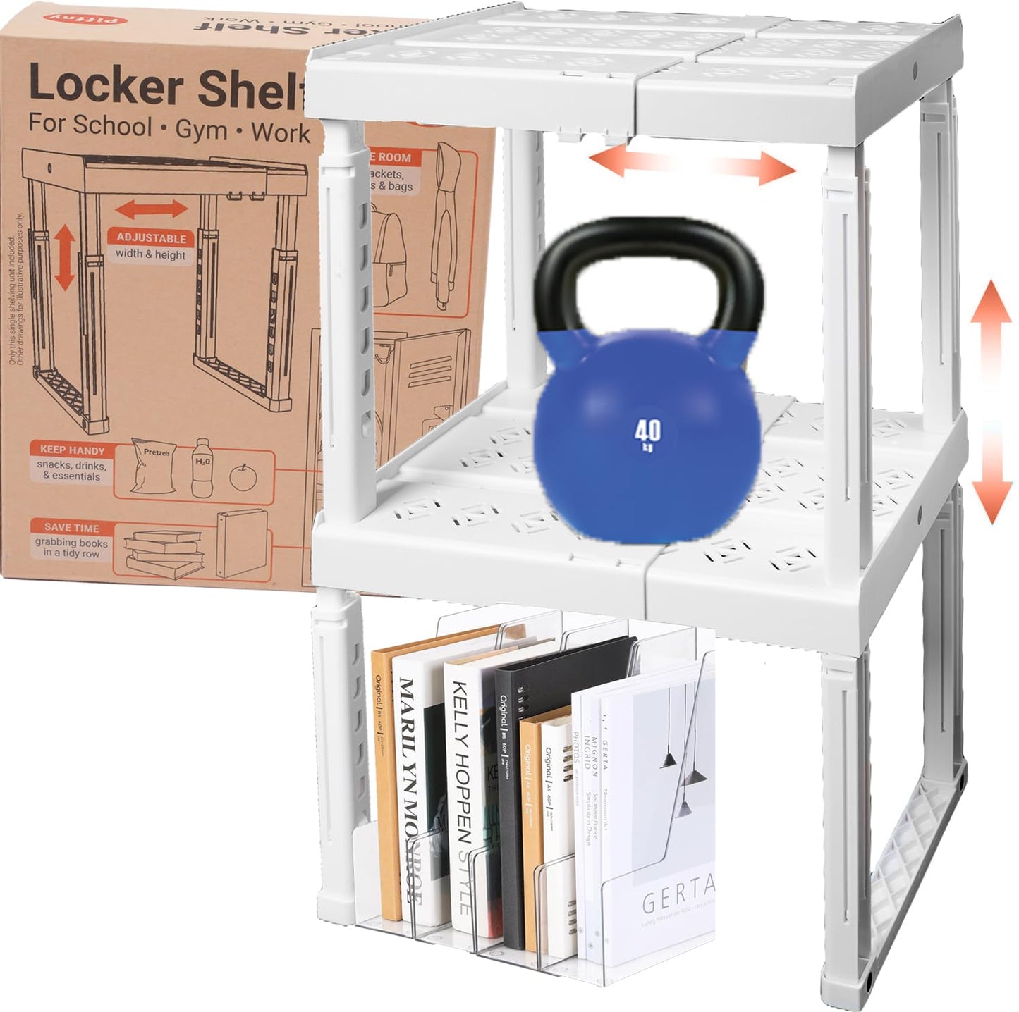 Piffny Locker Organizer Shelf， Adjustable Width and Height, Stackable, Ideal Locker Shelf for School, Office, Gym Lockers, or Even Kitchen Cabinets & Under Sink Organization(White 2 Pack)