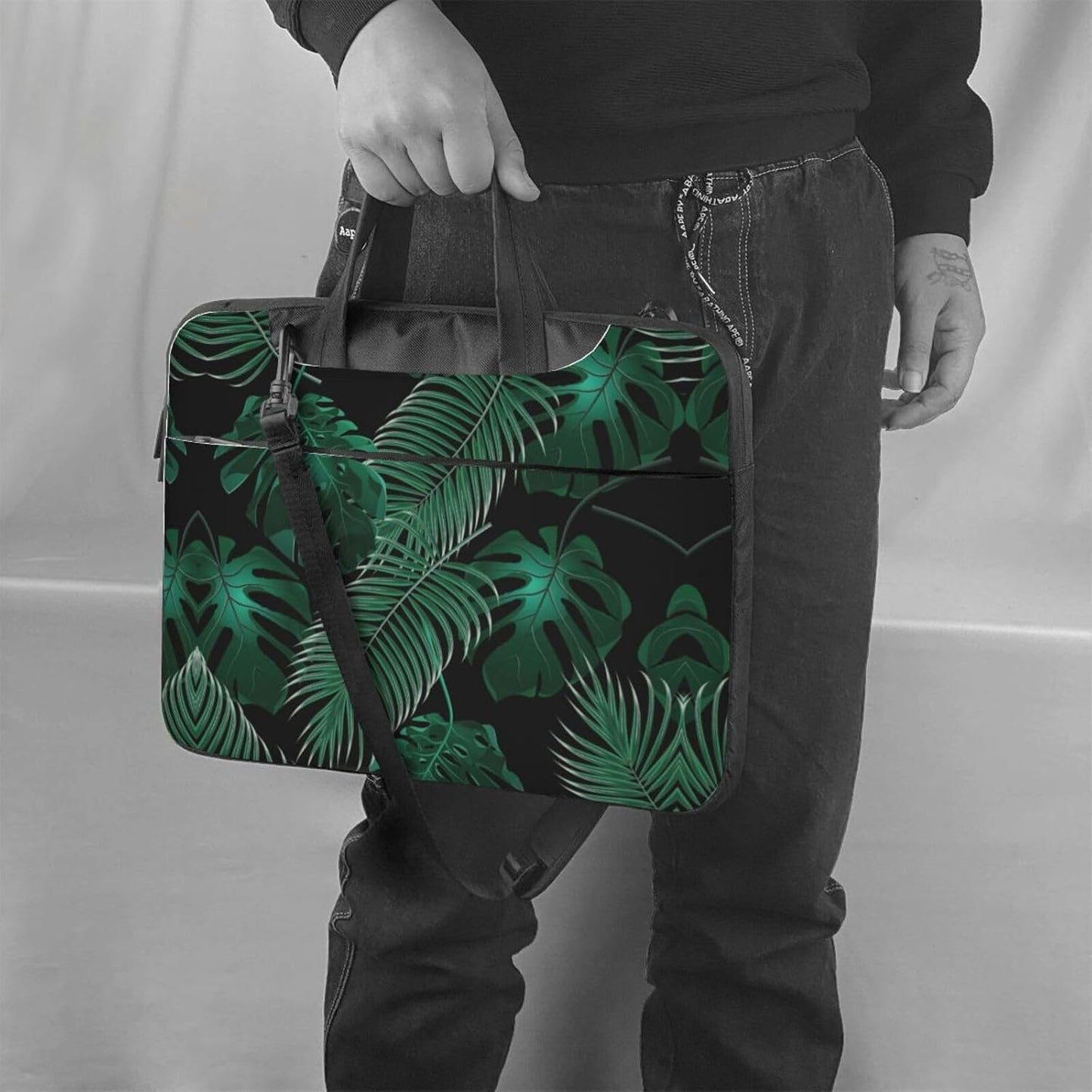 JIPOFD Banana Leaf Green Print Structured Laptop Bag Oxford Cloth Briefcase Padded Shoulder Case with Front Pockets