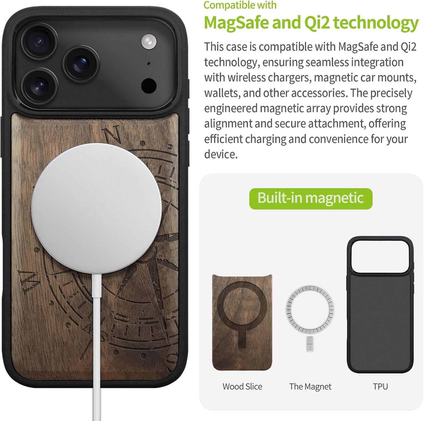 Carveit 17 Magnetic Wooden Case for iPhone Pro Max Case, Wood Artisan Engraved & Black Soft TPU Shockproof Cover