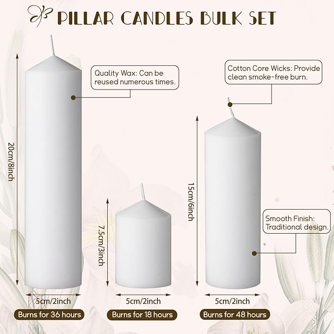 72PC White Pillar Candles Bulk 2 in x 3, 6, 8 Inch Long Burning Wax Pillar Candles Unscented Smokeless Dripless for Wedding Centerpieces Spa Lantern Fireplace Home Festival Party Decor