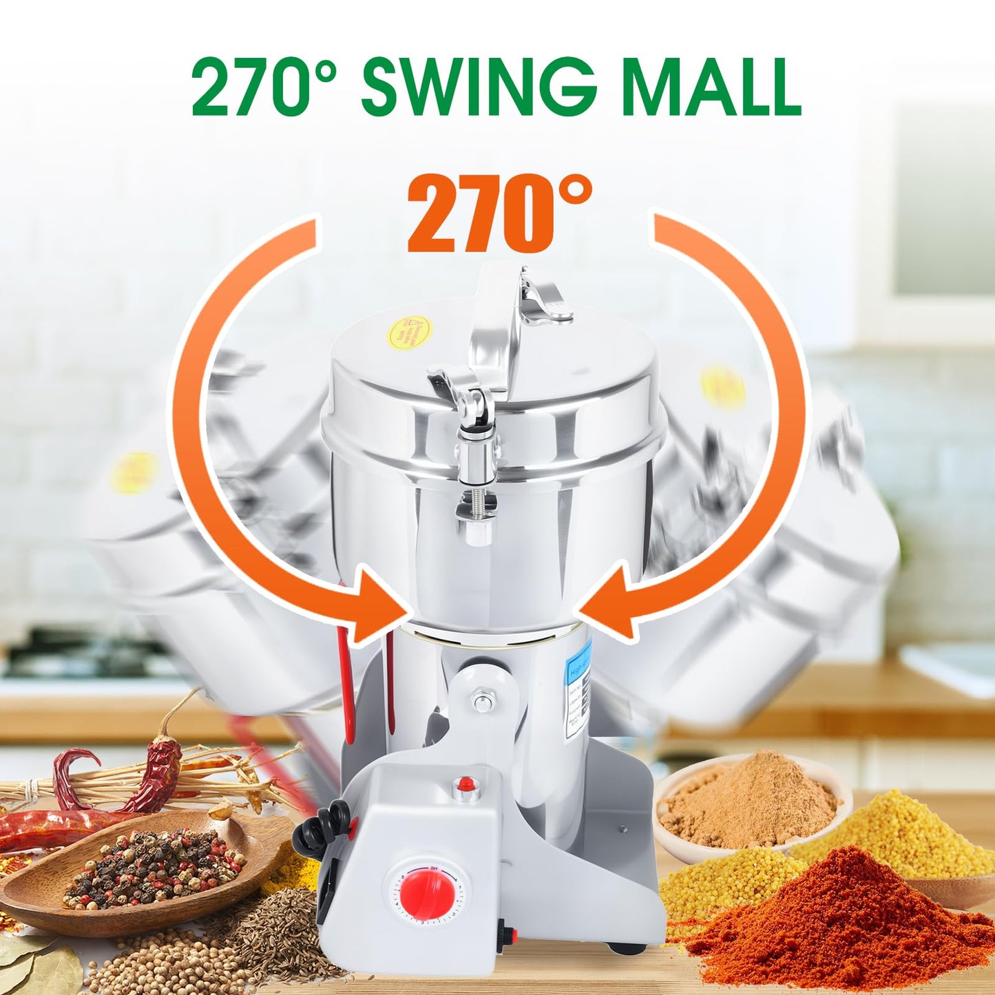 1000g Commercial Grain Grinder - 3000W Heavy-Duty Electric Mill for Coffee, Spices, Nuts & Grains | 32000 RPM | Industrial Stainless Steel | 5 Blades System | for Home & Restaurant Use