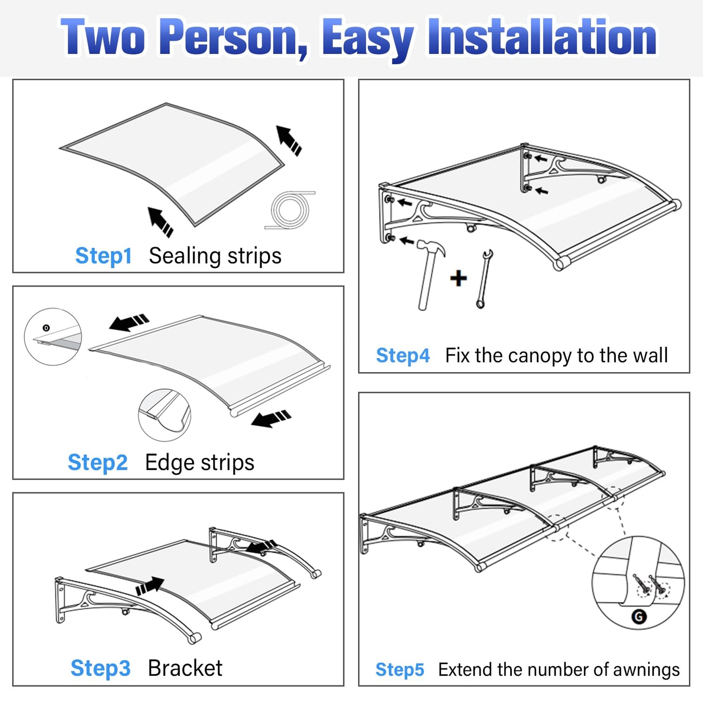 Awning for Door Entrance, Aluminum Window Awnings Exterior for Doors Canopy, Polycarbonate Cover Outdoor Front Doors UV/Rain/Snow Protection, Easy to Install, Gray Board (24x48in)