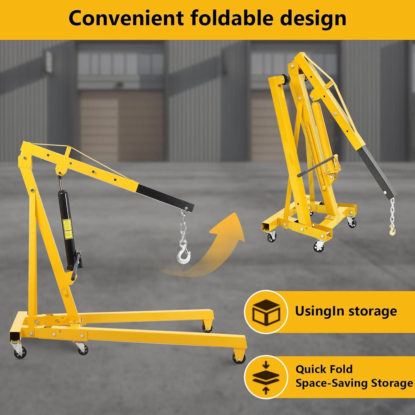 GarveeHome 2 Ton Cherry Picker Engine Hoist, Heavy Duty Folding Hydraulic Crane with 6 Casters & Lever for Auto Repair, Garage & Workshop, Yellow