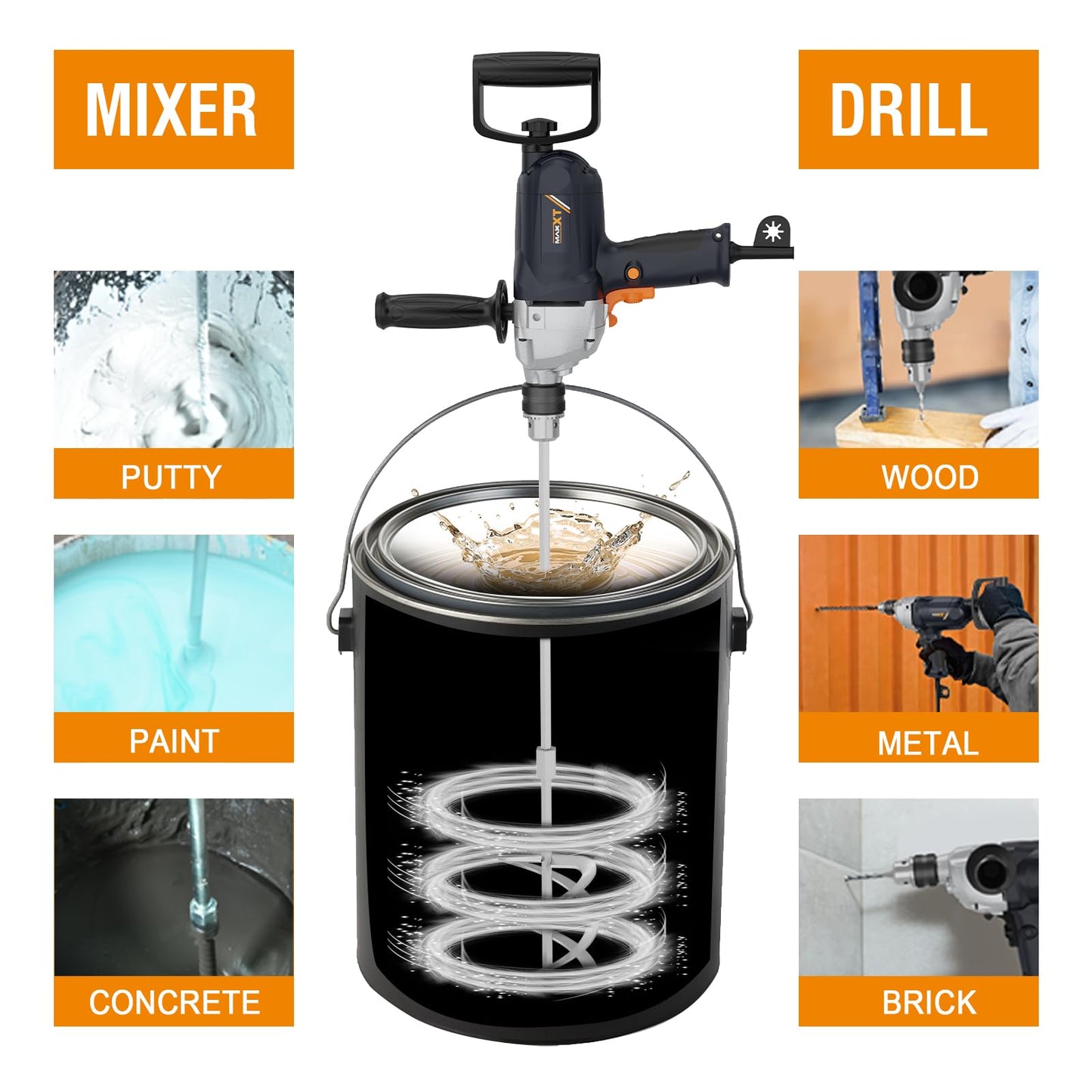 MAXXT Drill Mixer Set with Spade Handle 1/2 inch Electric Corded Mixing Drill Machine 9A Motor Concrete Mud Mixer