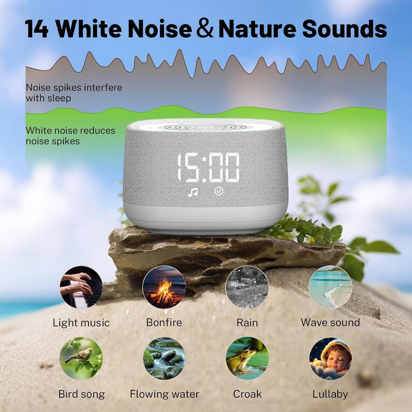 5.4, 14 1000mAh Sound Machine & Clock with Bluetooth Soothing White Noise Sounds, Night Light, Sleep Timer, Portable