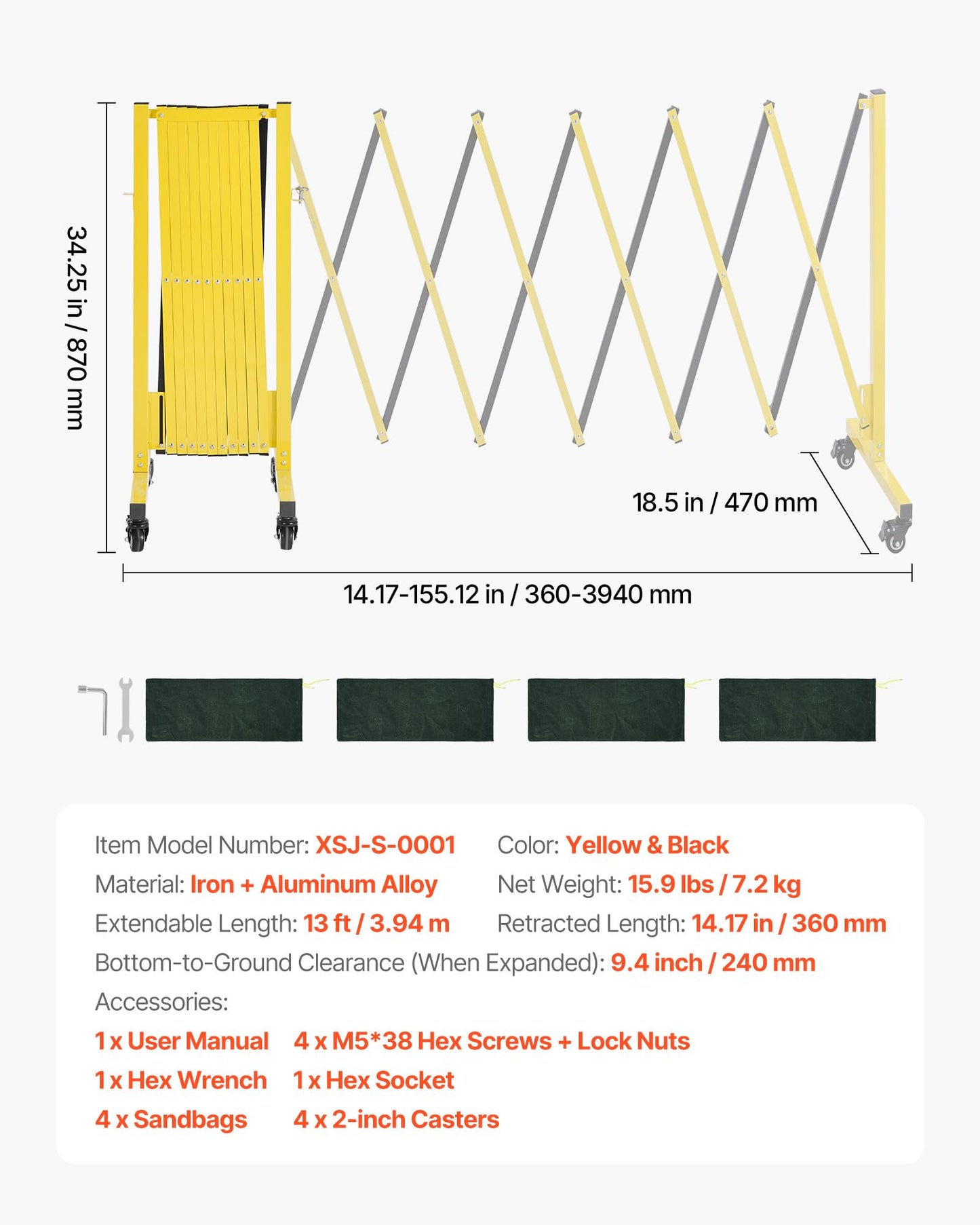 VEVOR Industrial Expandable Barricade, 13FT Expandable Safety Barrier, Flaxible Mobile Barricade with Locking Casters, Portable Folding Security Gate Traffic Fence for Driveway Warehouse Elevator