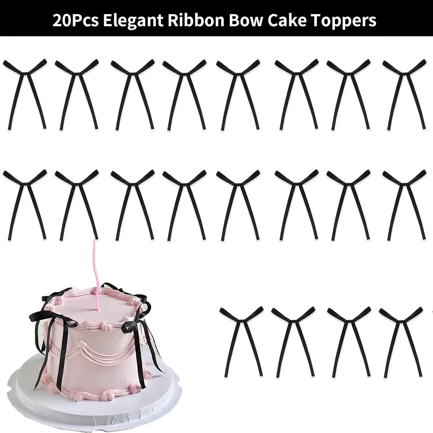 Skiennix 20 PCS Black Bow Cake Toppers - Elegant Party Decorations for Birthdays & Weddings