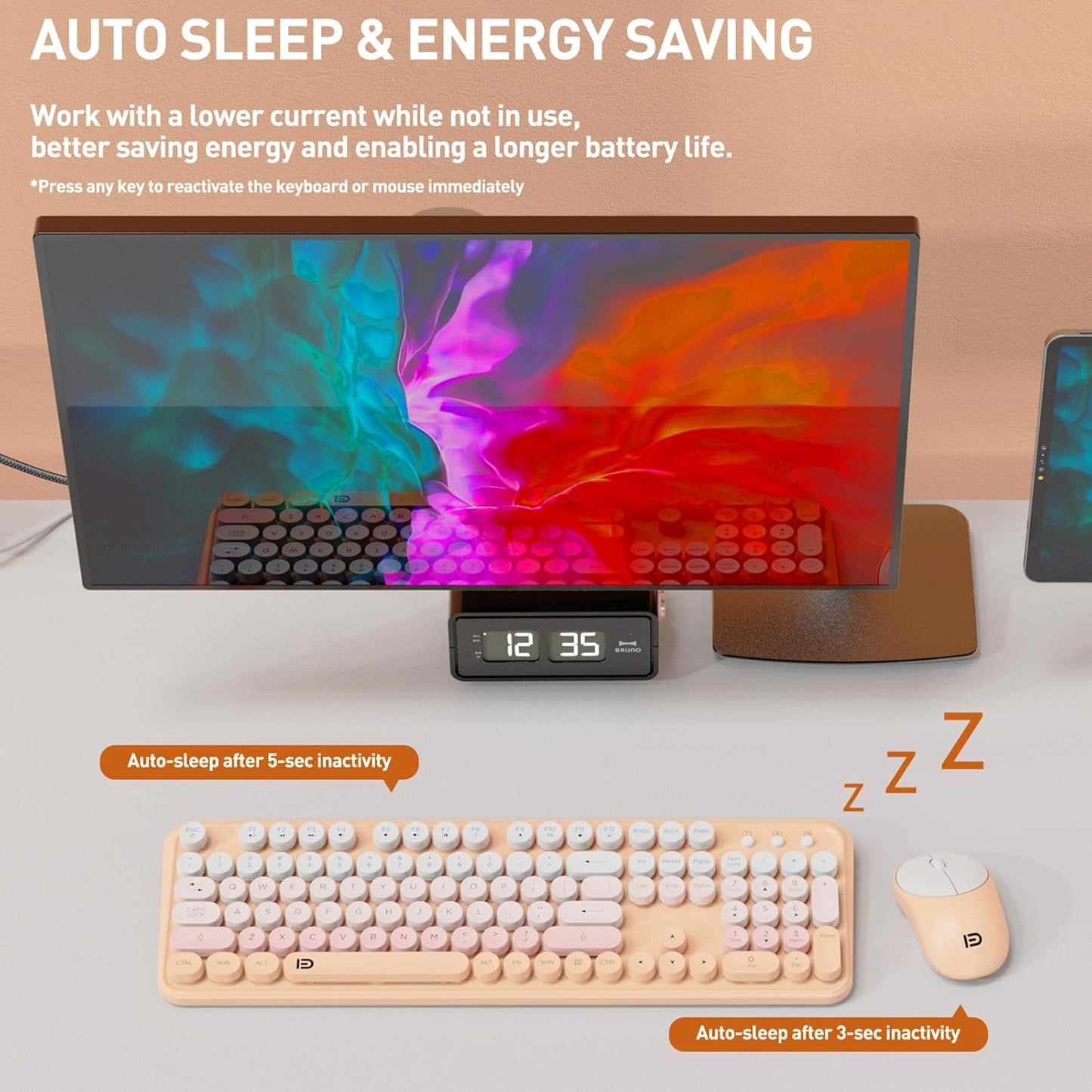 FOPETT 2.4 Wireless Keyboard and Mouse Combo, GHz Full-Sized Wireless Keyboard Mouse with Round Keycaps for Windows