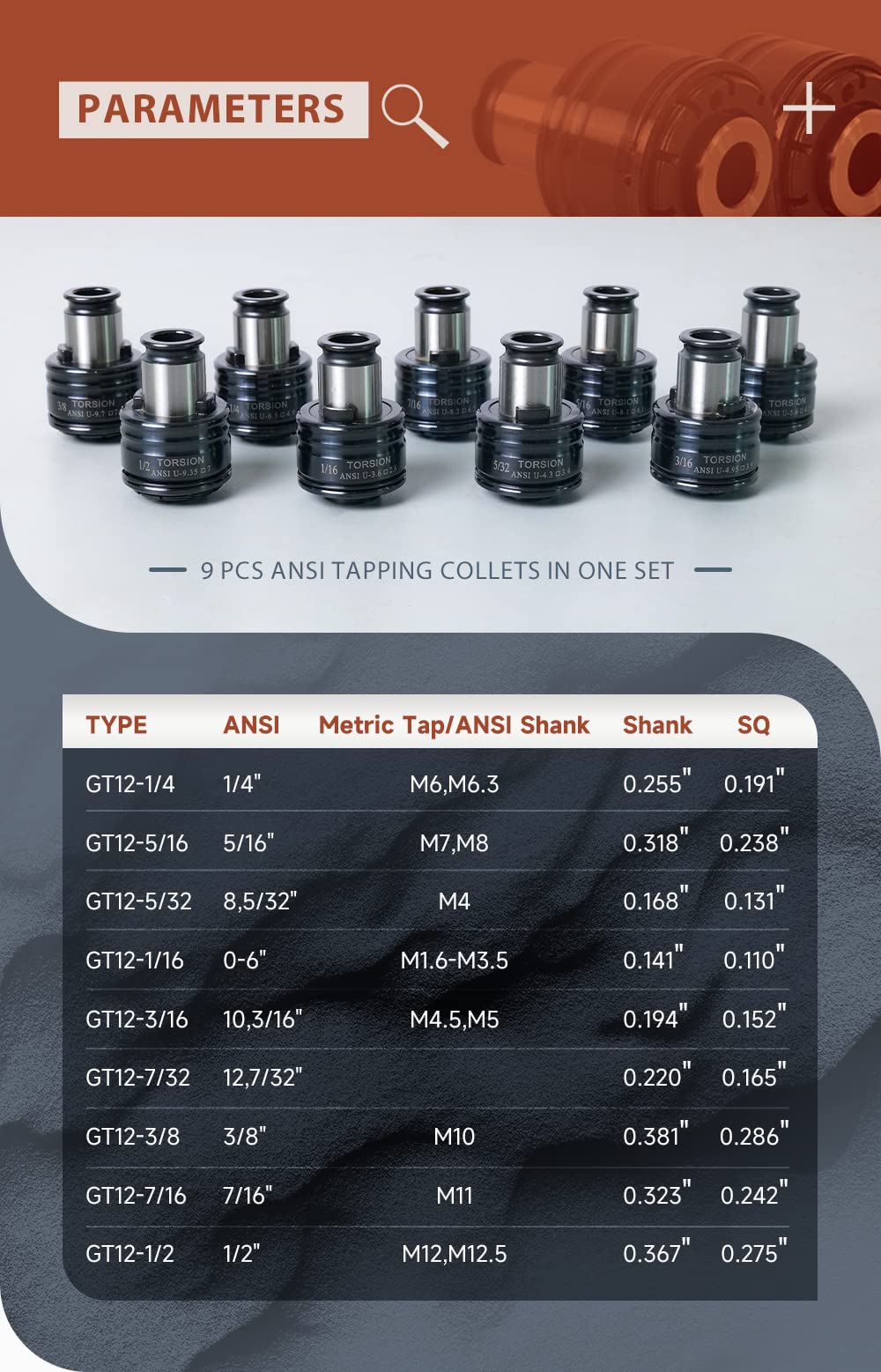 US Stock M3-M16 Electric Tapping Machine Tapper Tapping Arm Universal 360 Degree 9PCS ANSI Collets Included