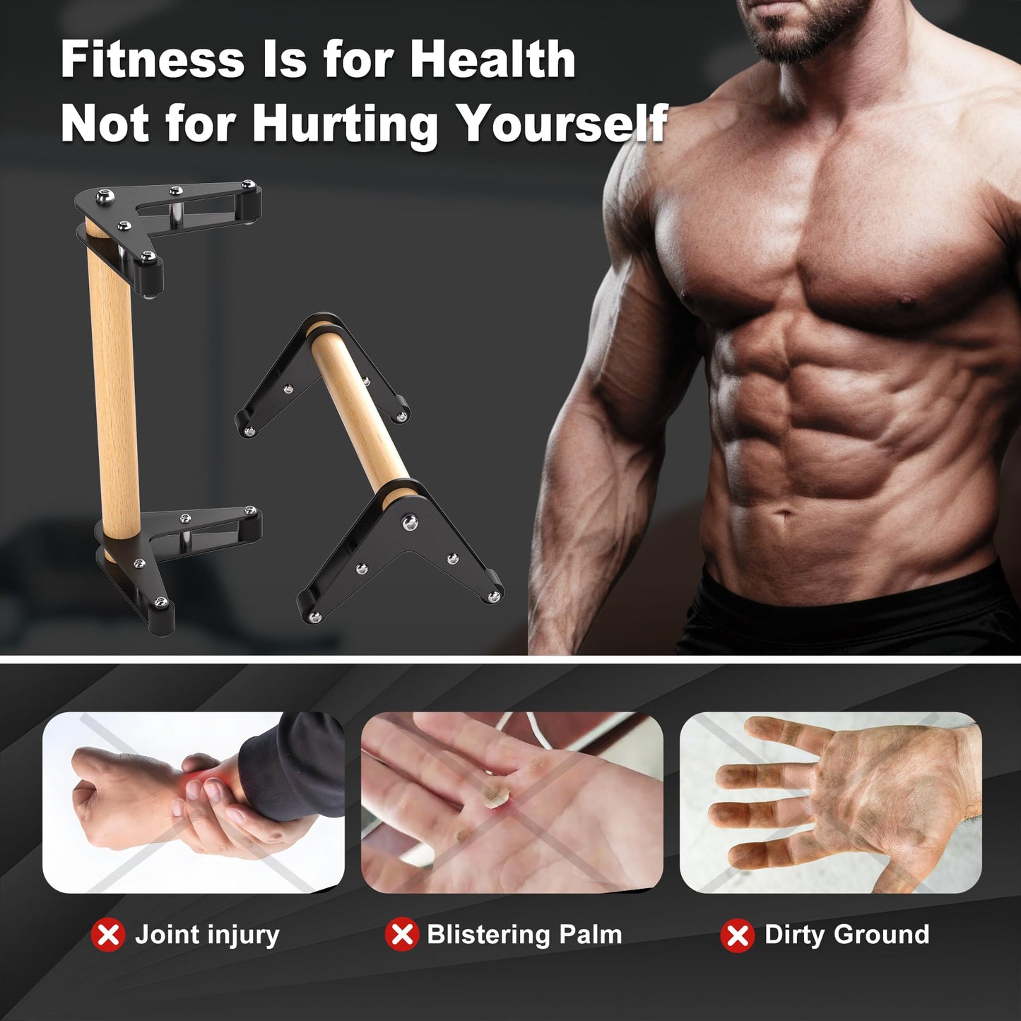 Mochantum Parallettes Bars - Wooden Push Up Bars with Non-Slip Heavy-Duty Stainless Steel Base, 660LB Capacity, Portable Calisthenics Equipment for Calisthenics, Handstand ,Strength Training & Home Gym Workouts, Black, 12.7 inch