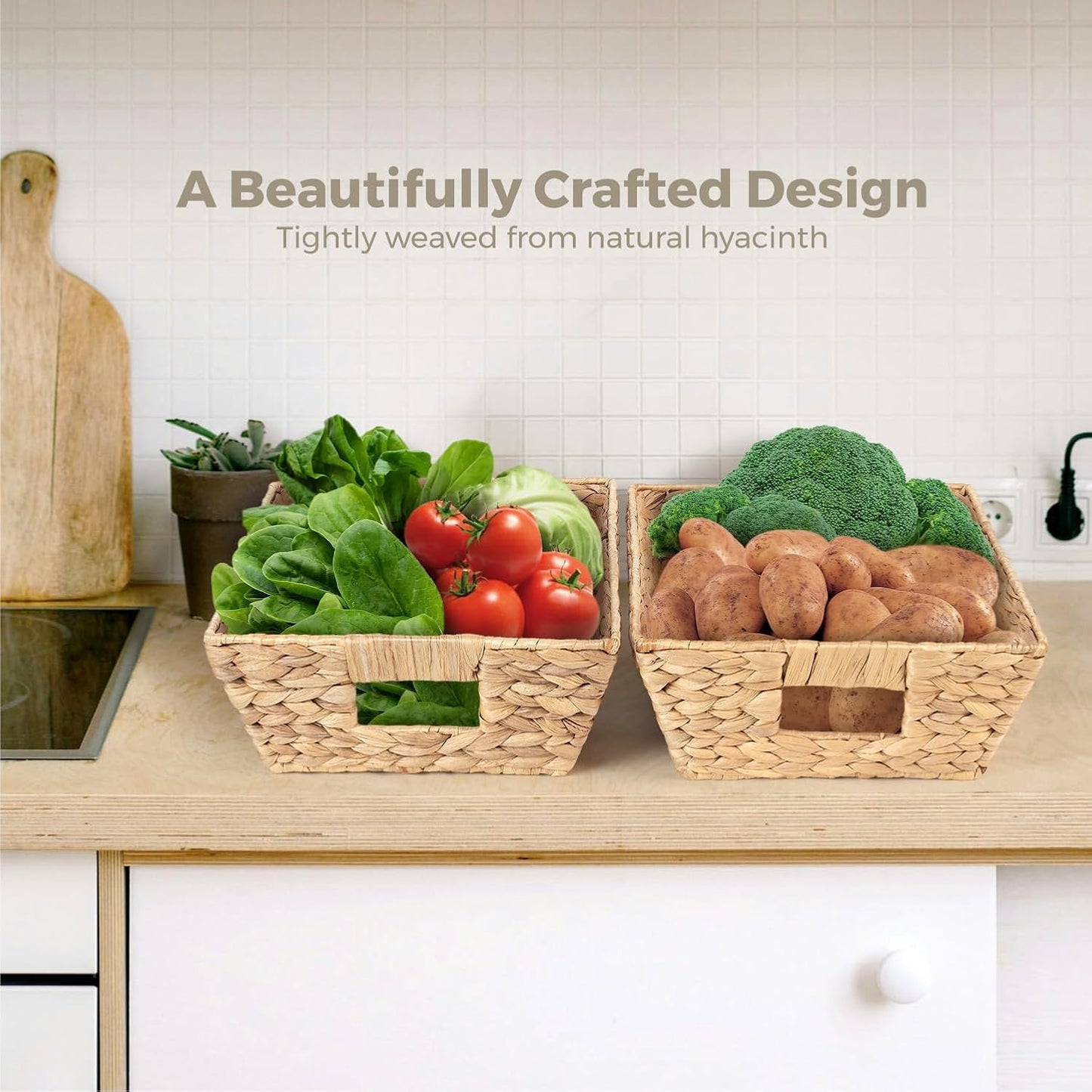 Water Hyacinth Snack Baskets by [Brand Name] - Set of 3 Wicker Organizers with Handles for Office Use