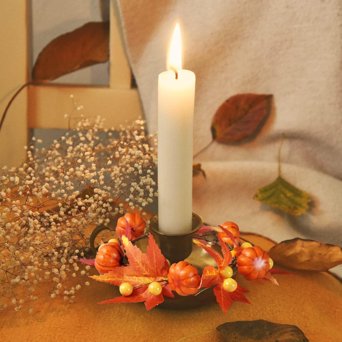 Skiennix Fall Candle Rings - 6Pcs Artificial Pumpkin & Maple Leaf Wreaths for Autumn Decor | 3.1" ID / 7" OD