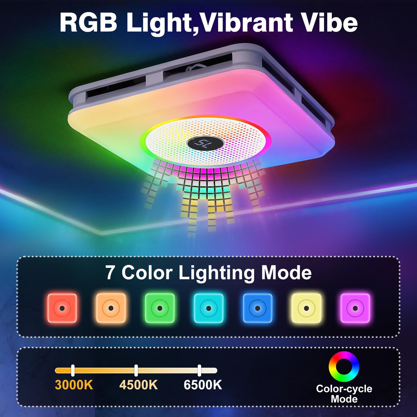 NJSZBDZJ Bathroom Exhaust Fan with Bluetooth Speaker & LED Light, 230 CFM 0.1 Sone Ultra-Quiet, 7-Color RGB & 3CCT Adjustable, Music Sync, Humidity Sensor, Remote Control, Easy Install