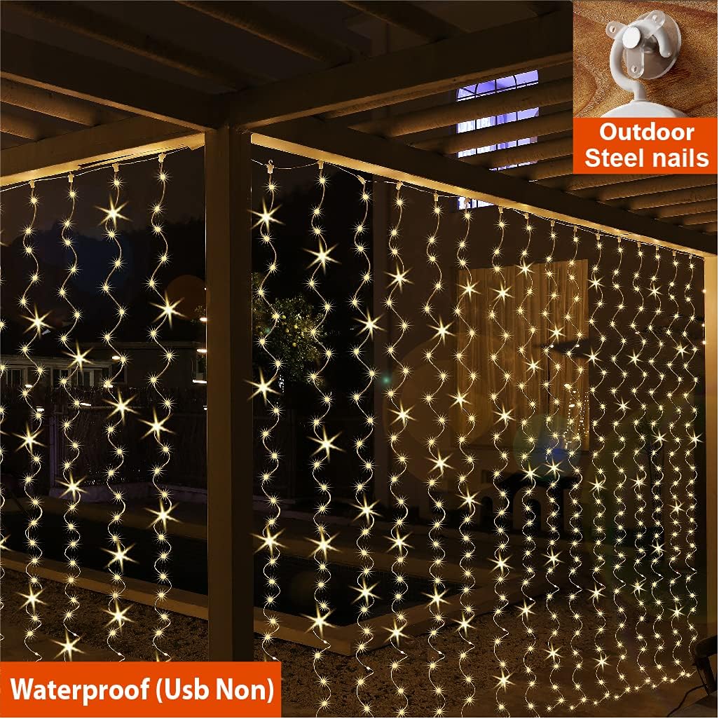 ZSJWL 300 LED Curtain Fairy Lights - Remote Control, 8 Modes, 9.8x9.8 Ft, Warm White Twinkle Lights for Bedroom & Events