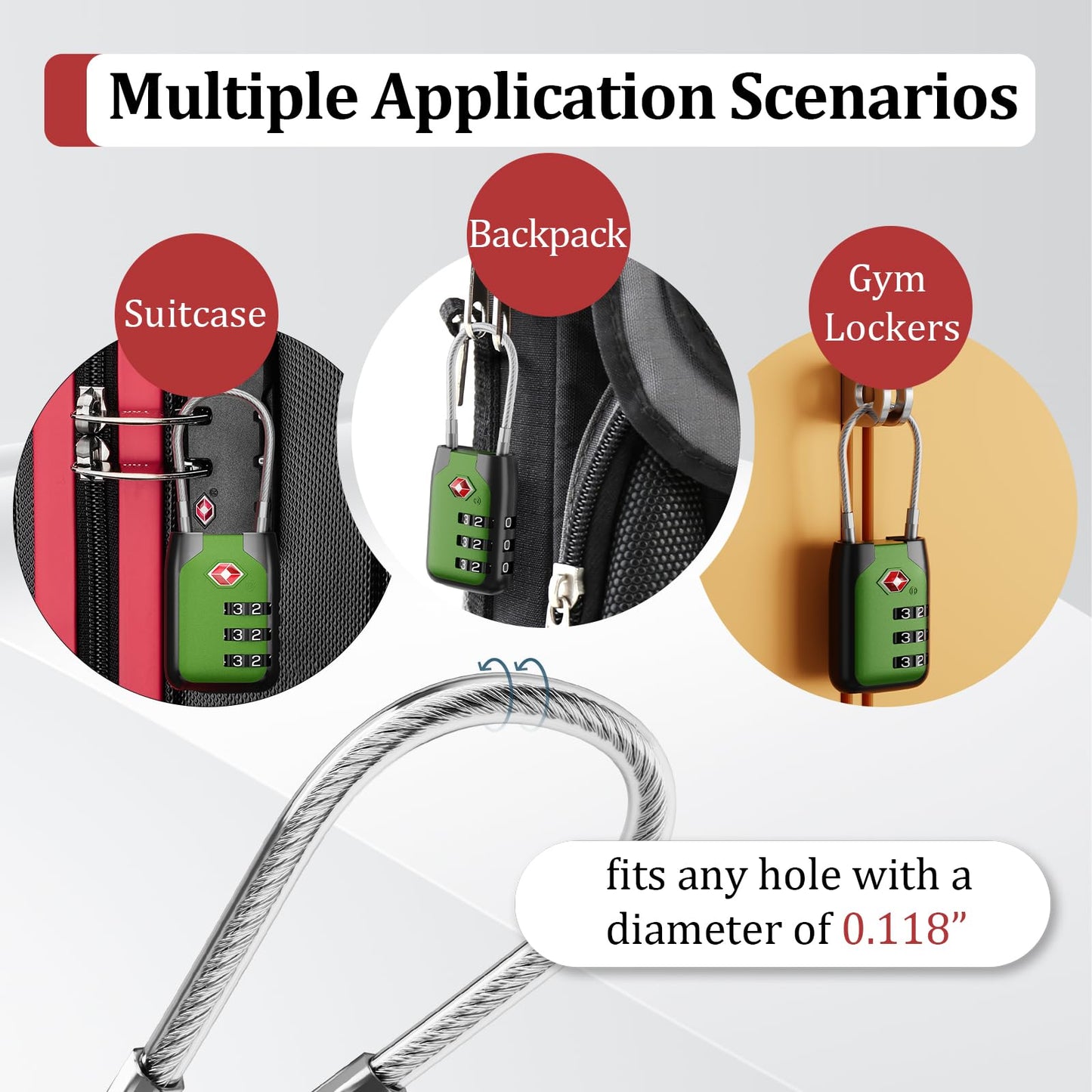 Joyway TSA Approved Luggage Lock, 3 Digit Combination Cable Lock with Alloy Body, Travel Combination Locks for Suitcases, Backpack and Golf Bag (Green, 4Pack)