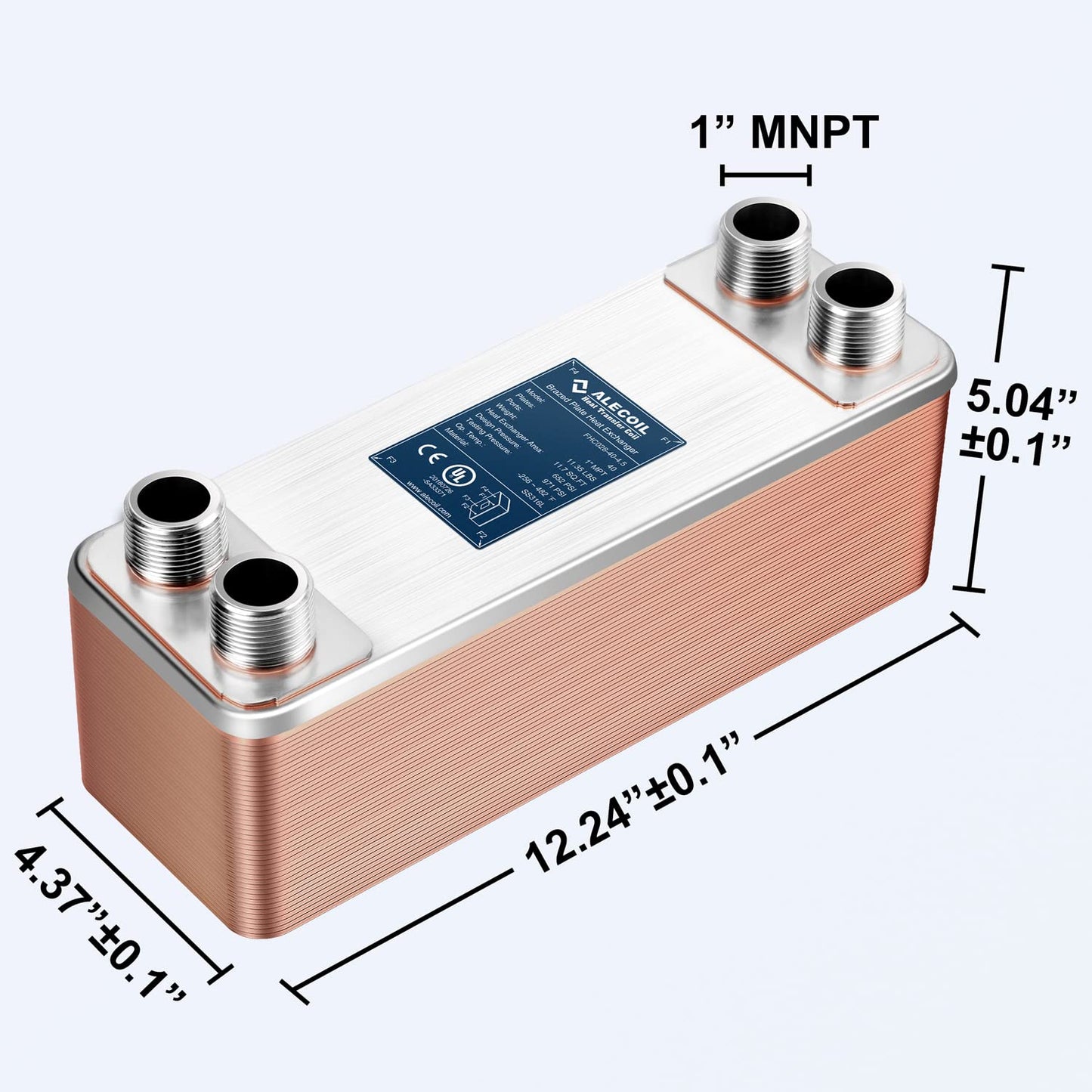 ALECOIL 4"x12"-40 Plates Heat Exchanger with 1" MPT Port Water to Water 316L Stainless Steel Brazed Plate Heat Exchanger for Water Heating, Floor Heating, Industrial and Commercial Refrigeration