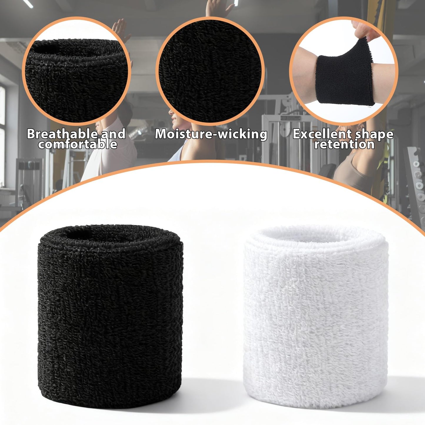 2 Pairs Sports Wrist Sweatbands - Elastic Tennis Wrist Sweatbands for Men & Women, Absorbent Sweat Wristbands, Wrists Bands Fit Basketball, Football, Gym, Running Working Out(Black White)