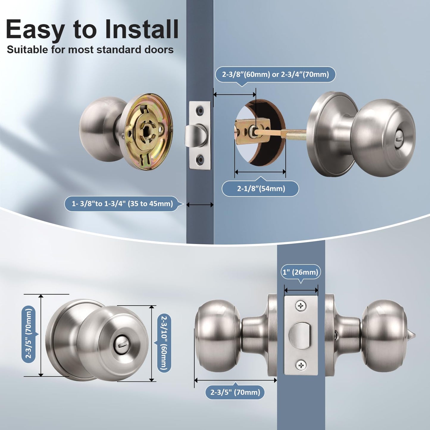 KNOBWELL Privacy Door Knob with Lock in Brushed Nickel Finish for Bedroom and Bathroom, Indoor Security Door Handle with Privacy Lock, Satin Nickel Interior Door Knobs
