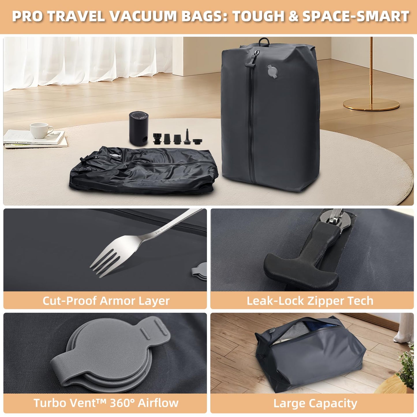 Vacuum Bags for Travel with Cordless Pump, 40L Airtight Compression TPU Bags,IP67 Reusable storage bag for Suitcase, Backpack, Luggage, Moving (1PC+Pump)