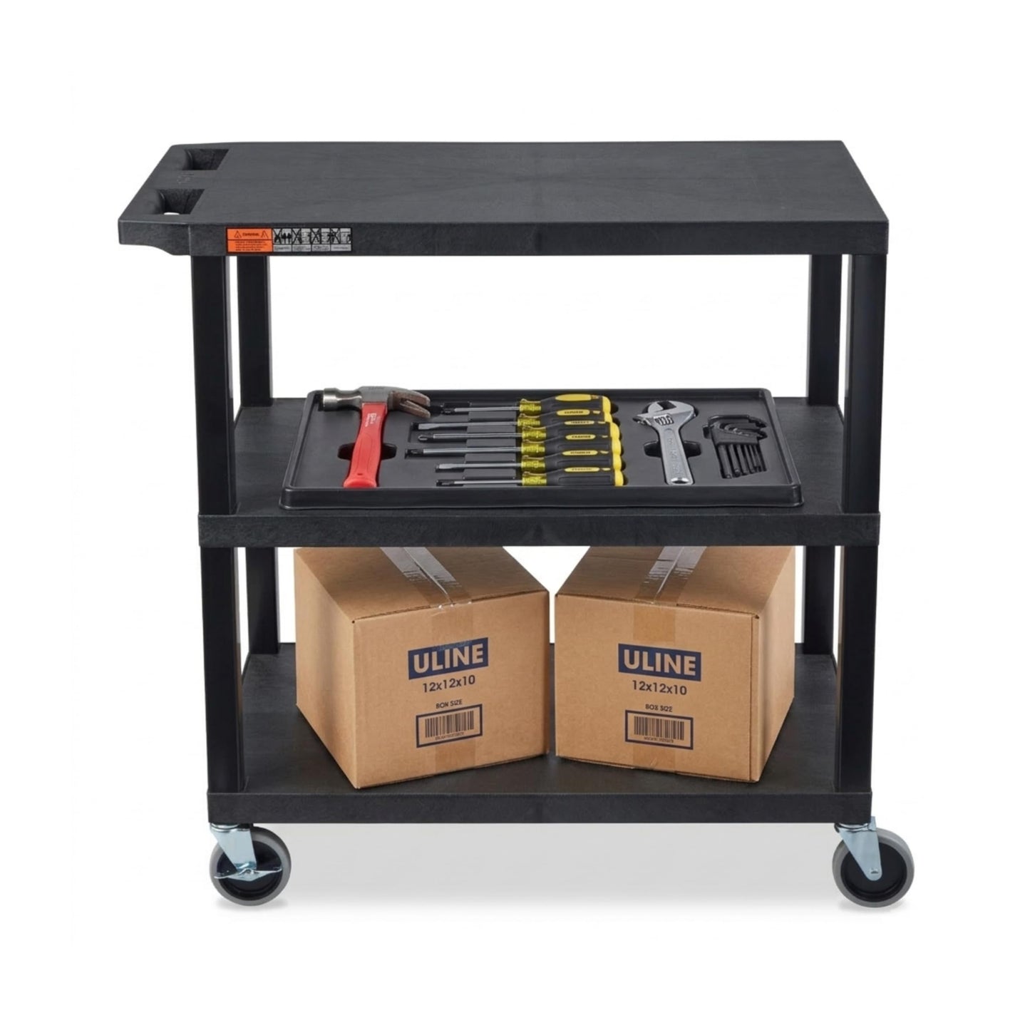 Luxor EC222-B Multipurpose Utility Cart, 32" x 18", 1.62" Thick Flat Shelves, Ergonomic Push Handle, 4" Full-swivel Casters, Locking Brake, 300 lbs Max Capacity, Black