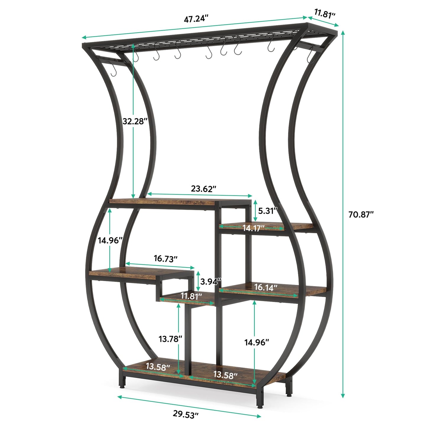 LITTLE TREE 6-Tier Plant Stand, 70.9 Inches Tall Industrial Plant Shelf with 10 Hanging Hooks, Potted Plants Flower Bonsai Pots Display Rack for Living Room, Garden, Balcony, Rustic Brown