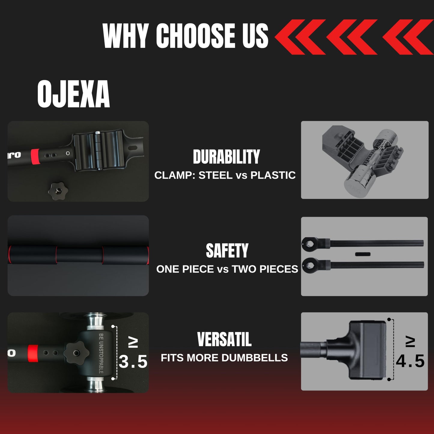 OJEXA Dumbbells to Barbell Converter Set, Adjustable Weights, 200 lb Capacity, Steel Clamp, Home Gym