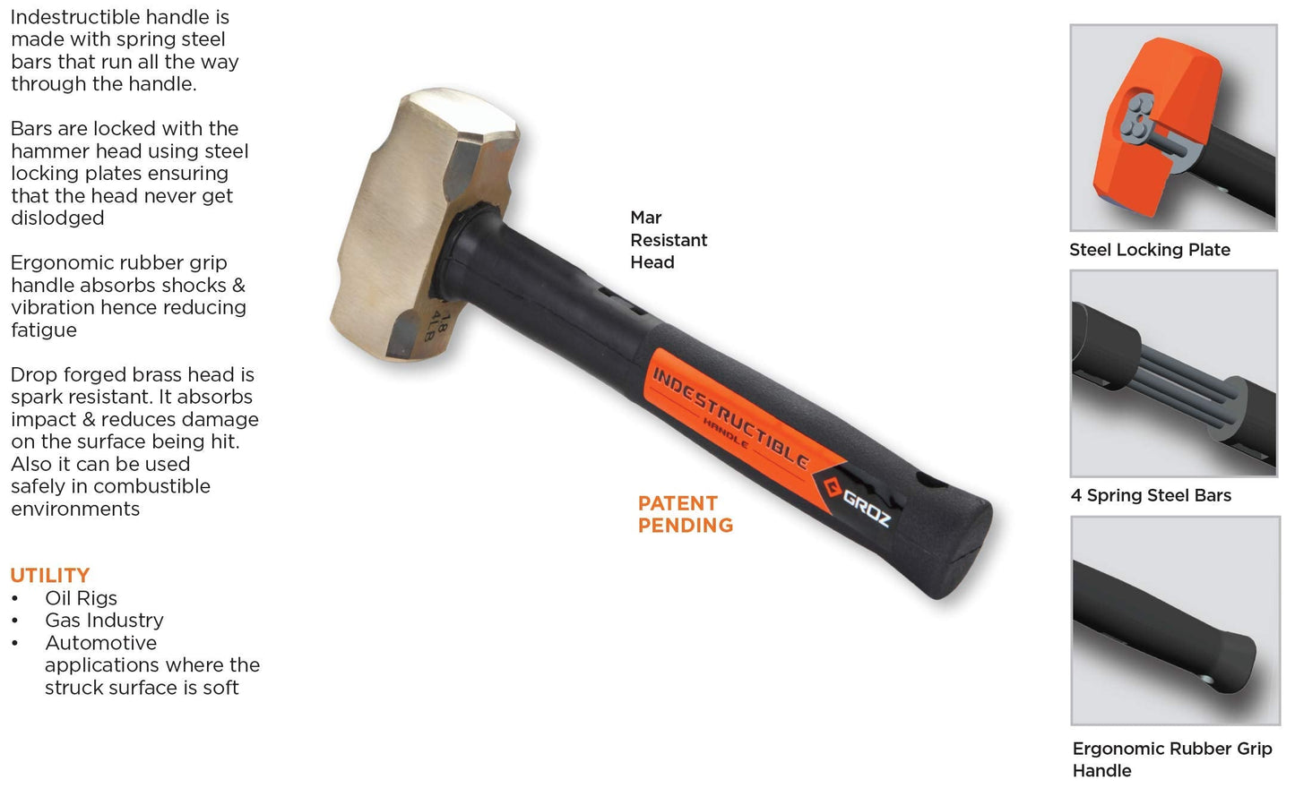 Groz Brass Head 4lb Sledge Hammer with 12-Inch Indestructible Handle | Mar Resistant Head | Steel Locking Plate | Vulcanized Rubber Handle | Spark Resistant (34702)