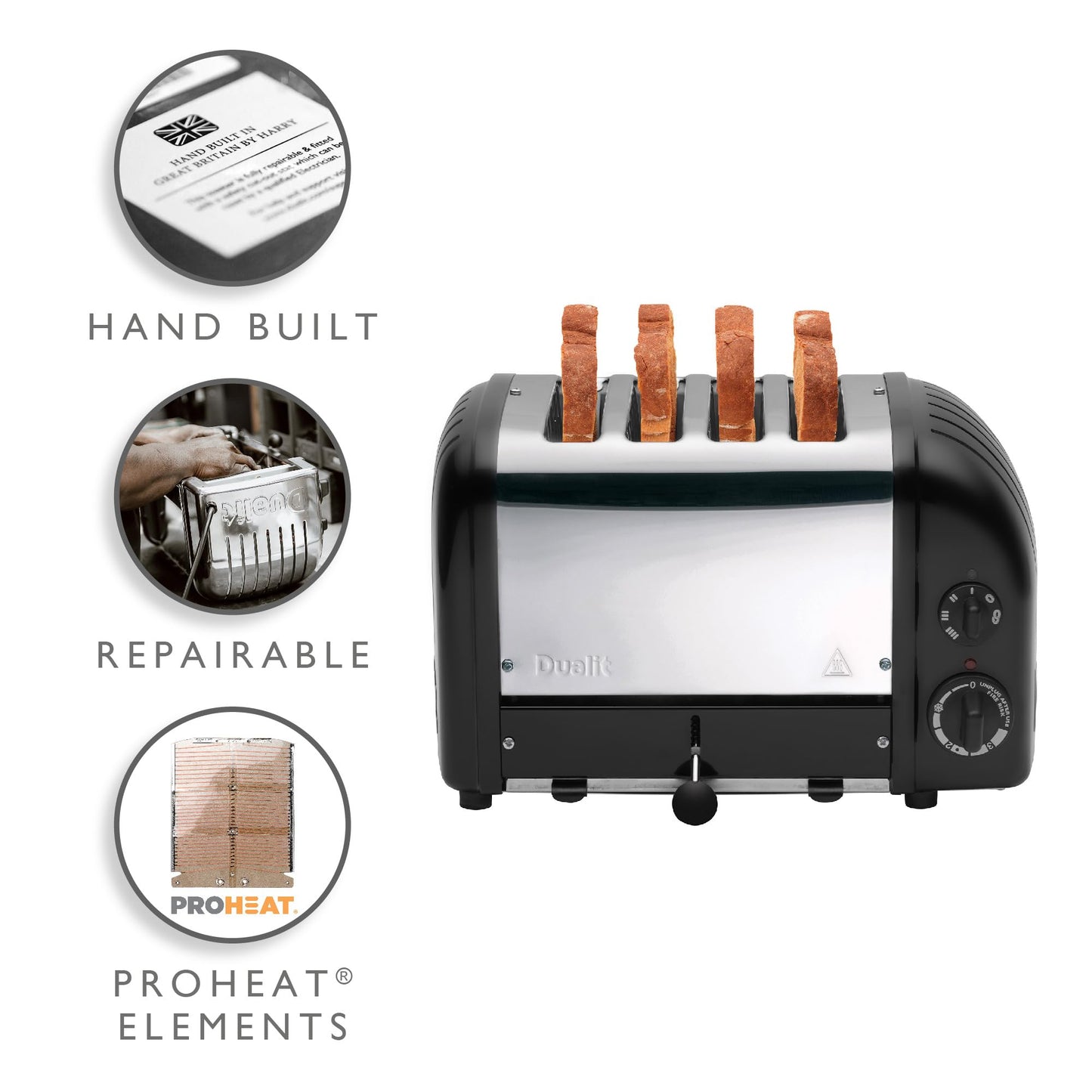 Dualit Classic 4 Slice NewGen Toaster - Stainless Steel - Hand Built in the UK - Replaceable ProHeat elements - Defrost Bread - Mechanical Timer - Matt Black Classic Toaster