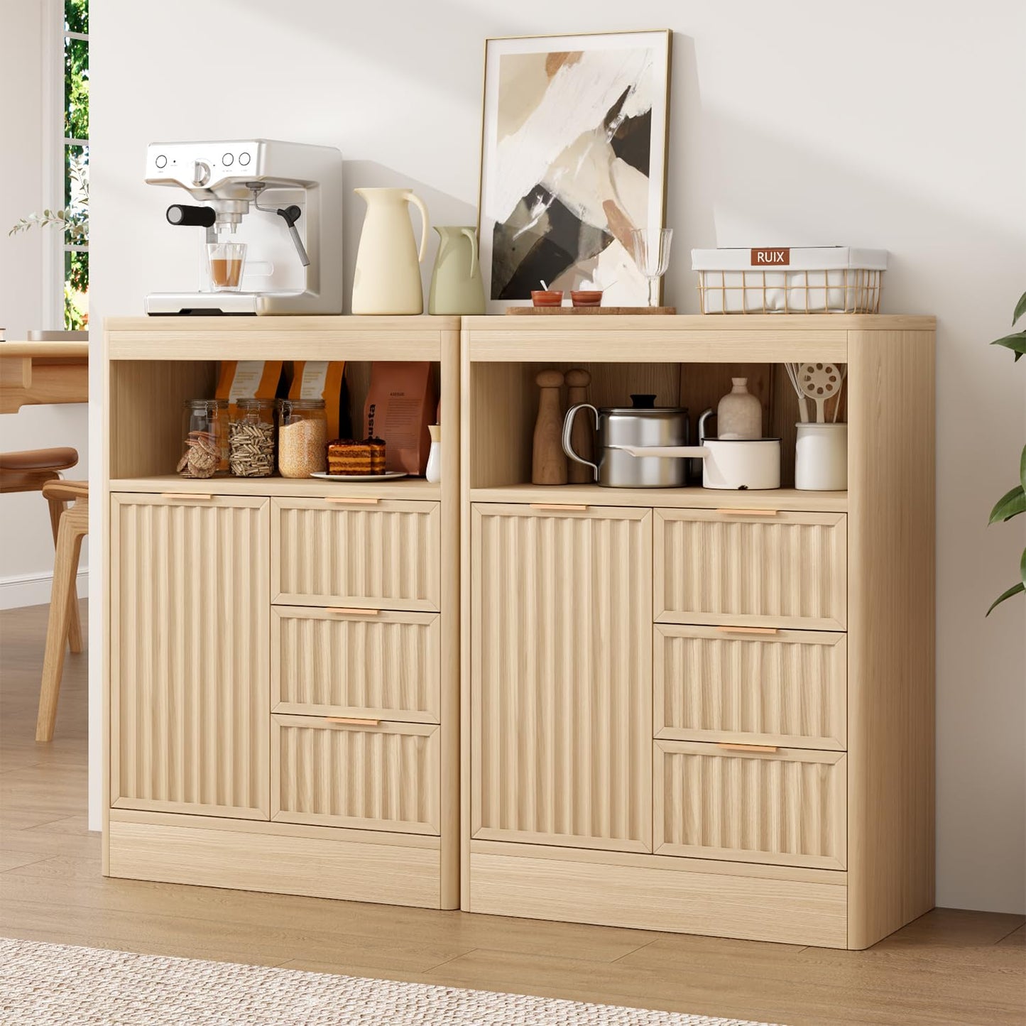 SMORBOSS Coffee Bar Cabinet with Storage, Fluted Buffet Sideboard Cabinet with 3 Drawers & Adjustable Shelf, Rounded Edge Modern Storage Cabinet for Dining Room, Kitchen, Living Room, Entryway, Oak