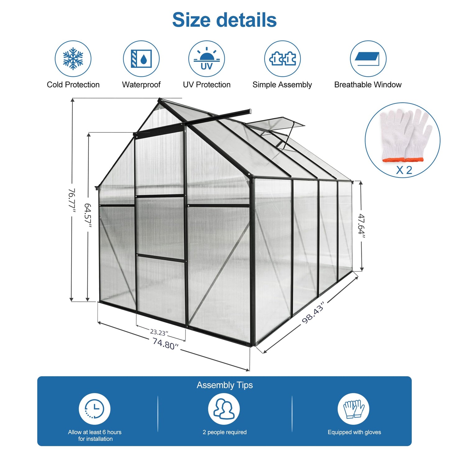 Acosure 6x8 FT Polycarbonate Greenhouse, Walk-in Garden Plants Heavy Duty Green House, Weatherproof Aluminum Hot House w/ Raised Base and Sliding Door & Vent for Outdoor Backyard, Black