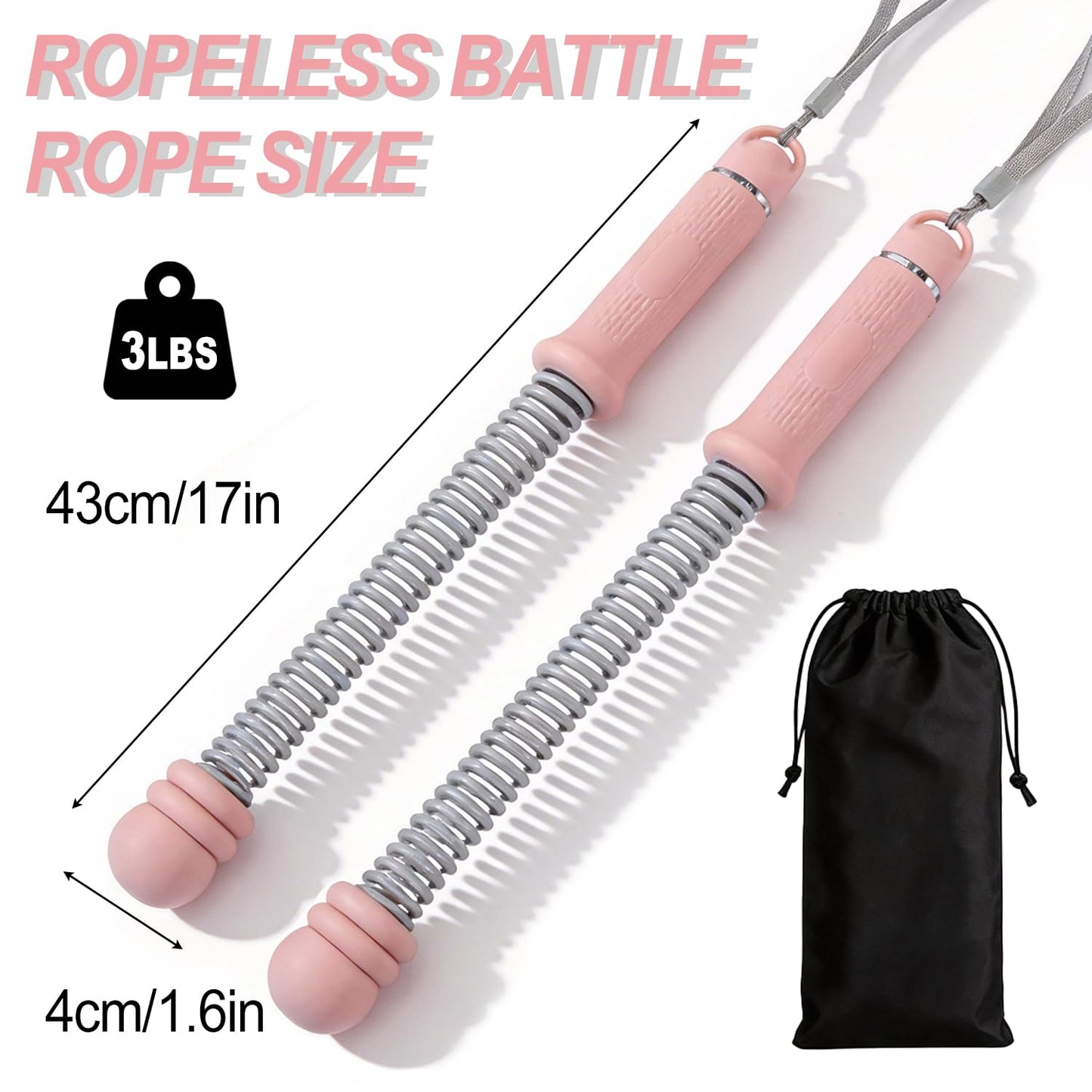 Upgrade Portable Ropeless Battle Ropes - Adjustable Weights Cordless Battle Ropes for Home Gym with Training Poster - Battle Rope Sticks Exercise Equipment for Low-Impact Workout, HIIT & Cardio - Pink