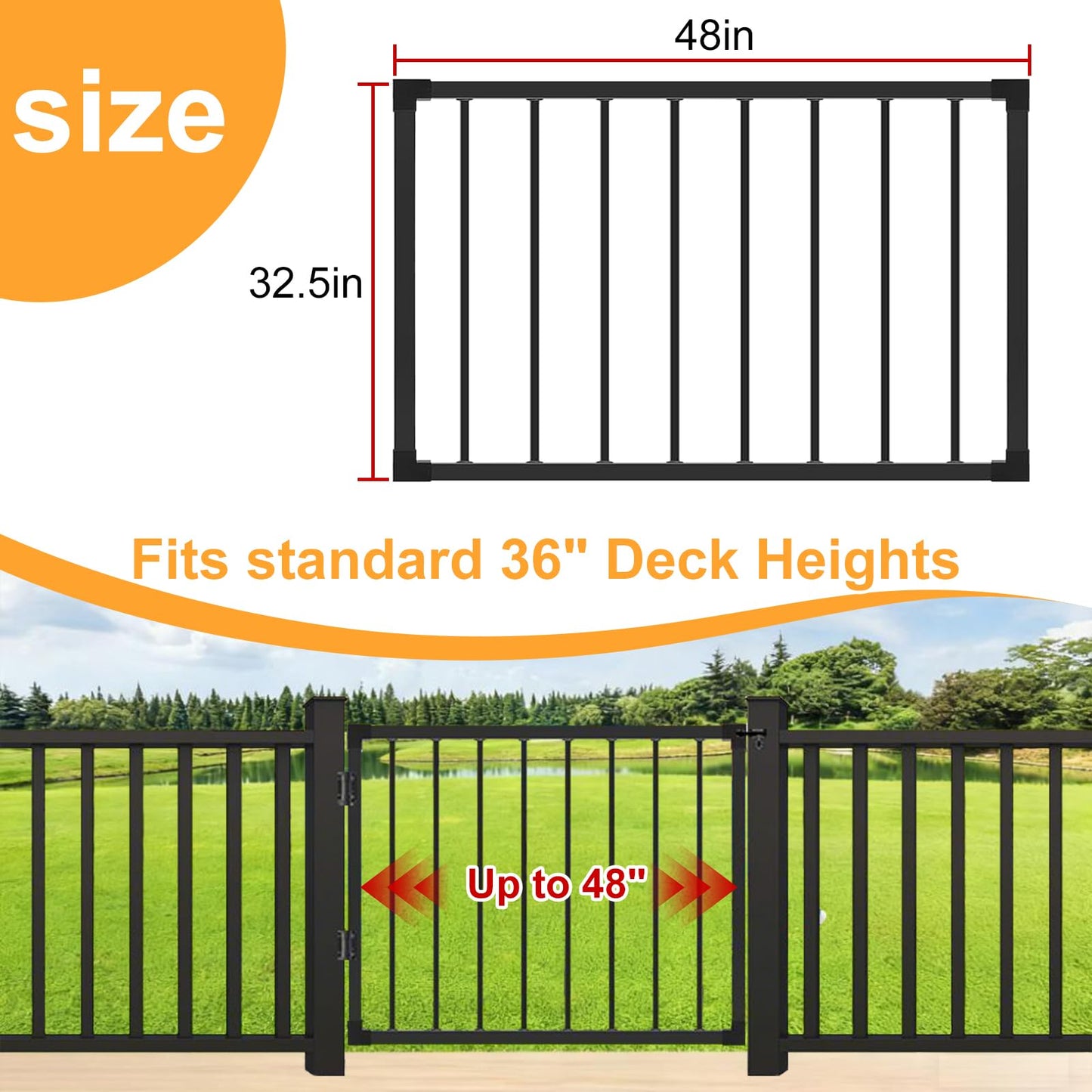 Deck Fence Gate Outdoor, 32''H Gate for 36''H Deck, Entry Way Metal Gate Black Powder Coated DIY Fence Gate, for Residential, Yard, Patio(No Hinge)
