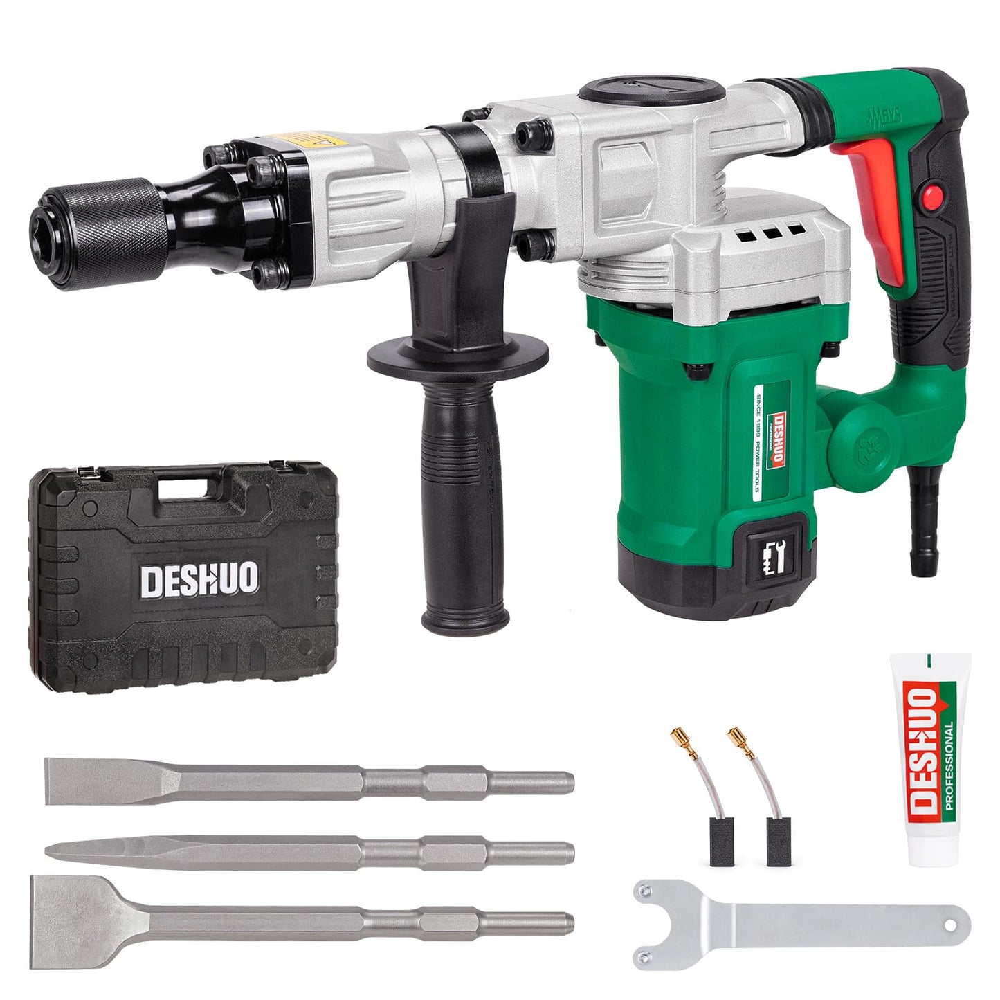 Deshuo 13 lb. Demolition Jack Hammer with 5/8" Hex Shank, 1200W 11-Amp Mini Corded Electric Concrete Demo Chipping Breaker Tile/Floor Removal with Carrying Case, Flat & Bull Point Chisel