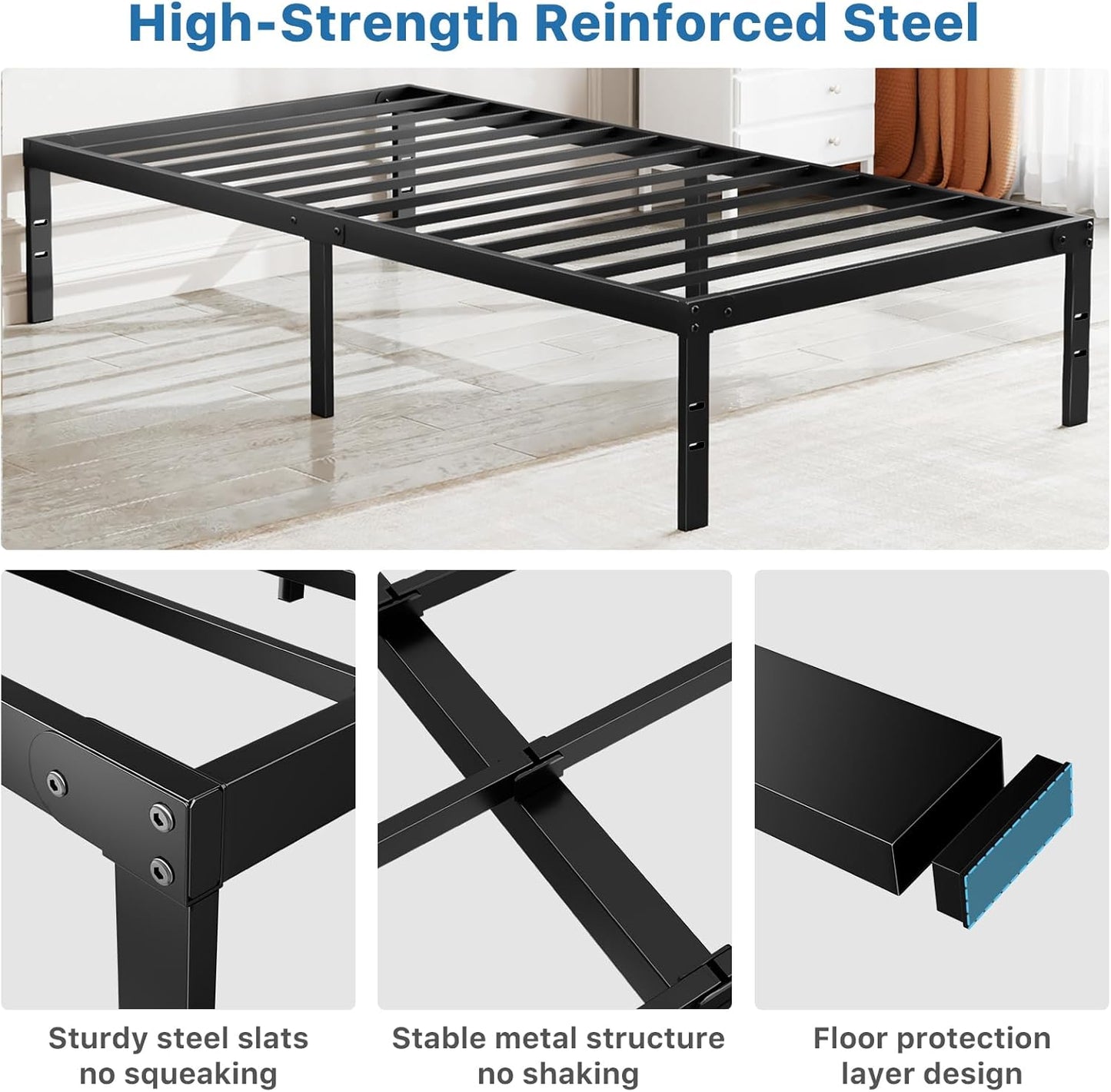 OLIXIS Metal Twin Bed Frame - 14-Inch High with Storage Space & Sturdy Steel Slat Support | 800LBS Capacity, Black