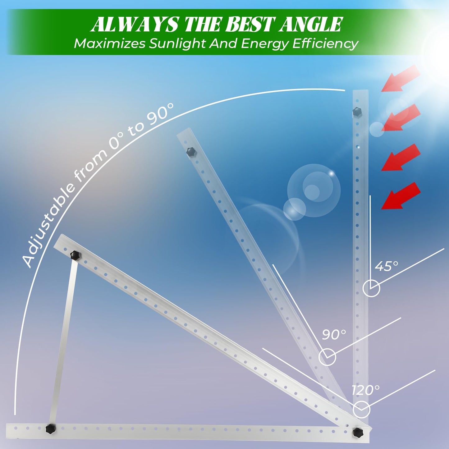 4 Sets 45inch Solar Panel Mounting Brackets, 0 to 90° Adjustable Solar Panel Mounting Rails, Fit for 150 200 400 600 Watt Solar Support Racks with Foldable Tilt Legsnel