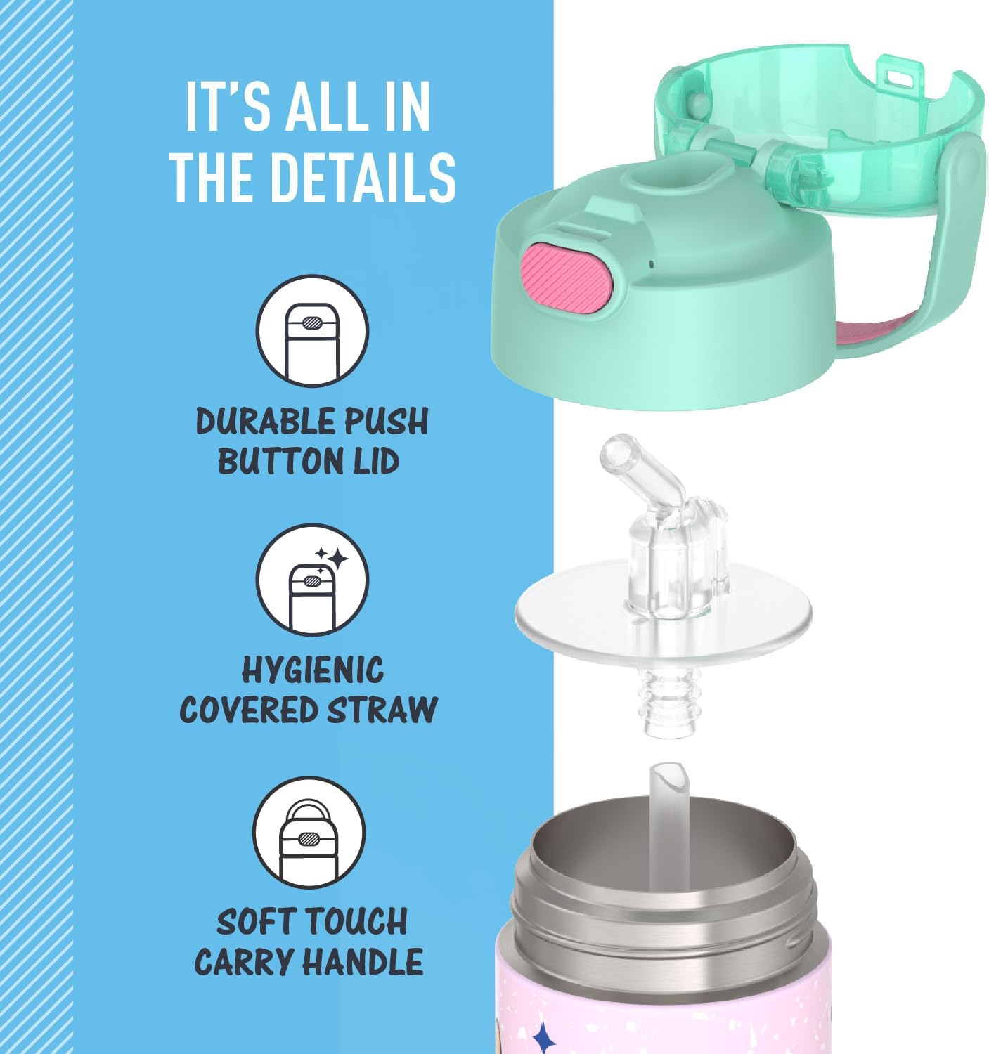 THERMOS FUNTAINER Water Bottle - 12 Ounce Kids Stainless Steel Vacuum Insulated with Straw - Stitch Design