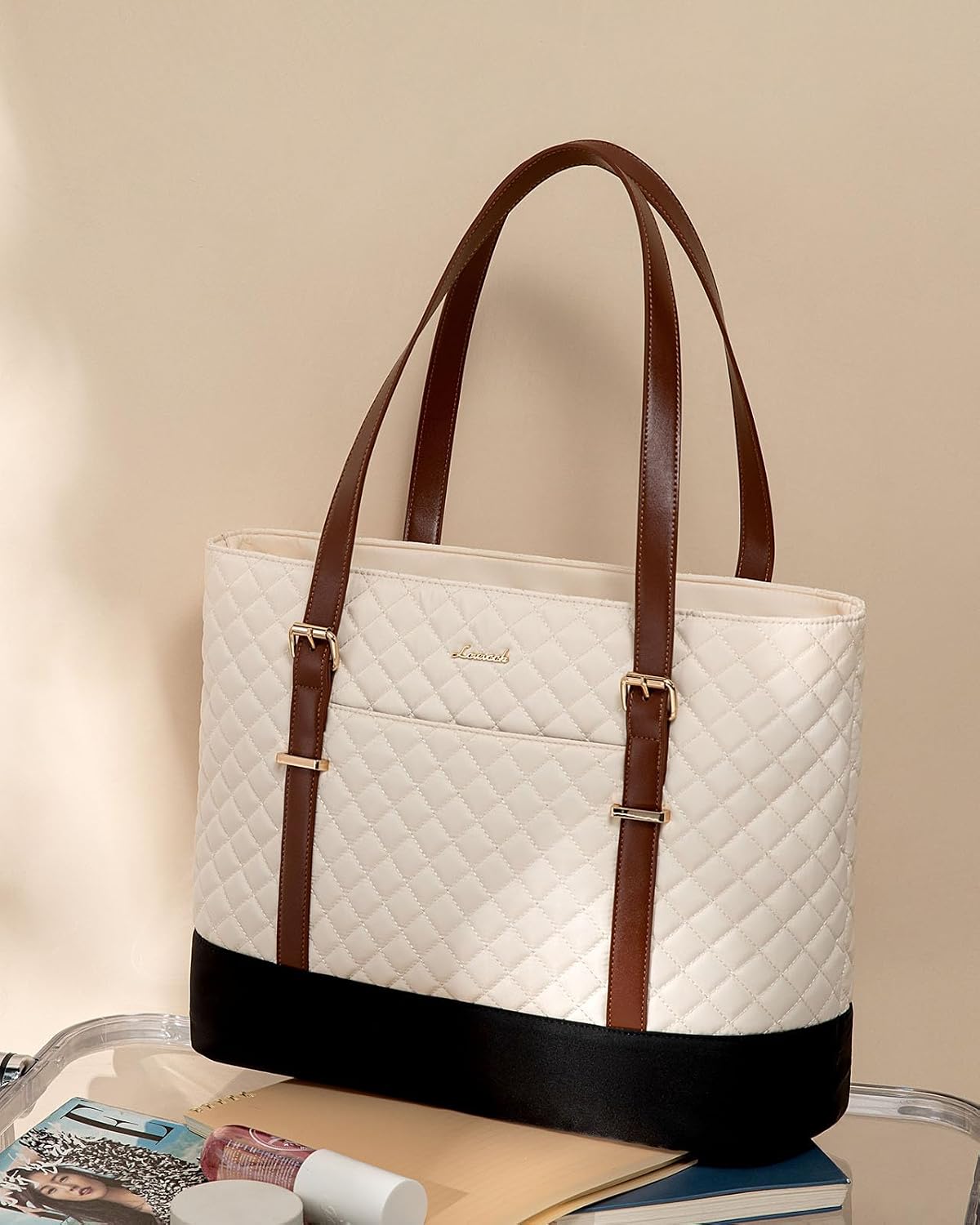 LOVEVOOK 15.6 Inch Laptop Bag for Women, Work Tote Computer Bag With Large Cup Holder, Lightweight Large Laptop