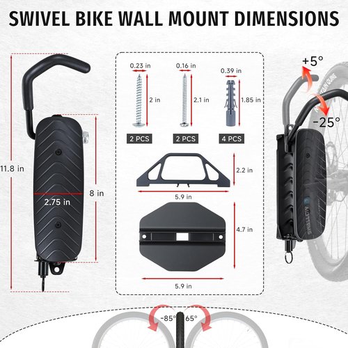 BYHUME Bike Rack | Space-Saving Vertical Wall Mount with 150° Swivel - Holds Up to 66lbs, Easy Install, 2 Pack