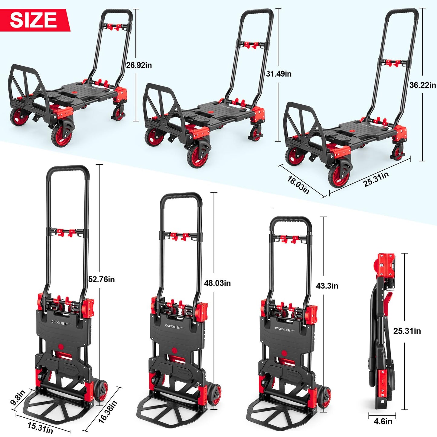 2-in-1 Folding Hand Truck Dolly 330LB Load Carrying, Hand Truck Foldable Dolly with Retractable Handle and 4 Rubber Wheels, Portable Folding Hand Cart for Moving/Travel/Office(Red)