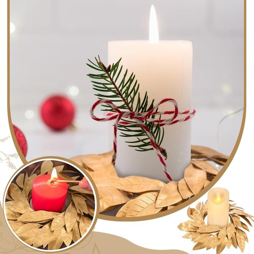 Domensi Gold Bay Leaf Candle Rings - 2 Pcs Rustic Wreath Holders for 3.9 Inch Pillar Candles