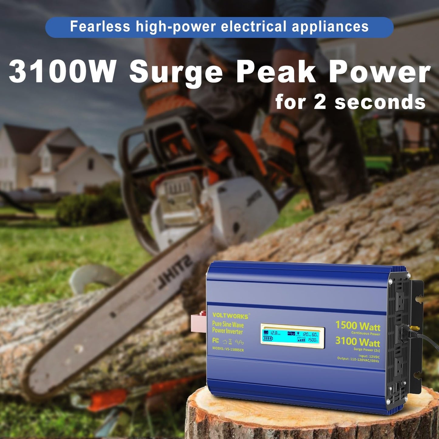 Pure Sine Wave Inverter 1500 Watt 12V to 110V 120V AC Surge Peak 3100W for 2s Power Inverter FCC Approved Built-in UL Fuse PD36W USB-C Port Compatible with Lithium Battery for Off-Grid Solar Car RV