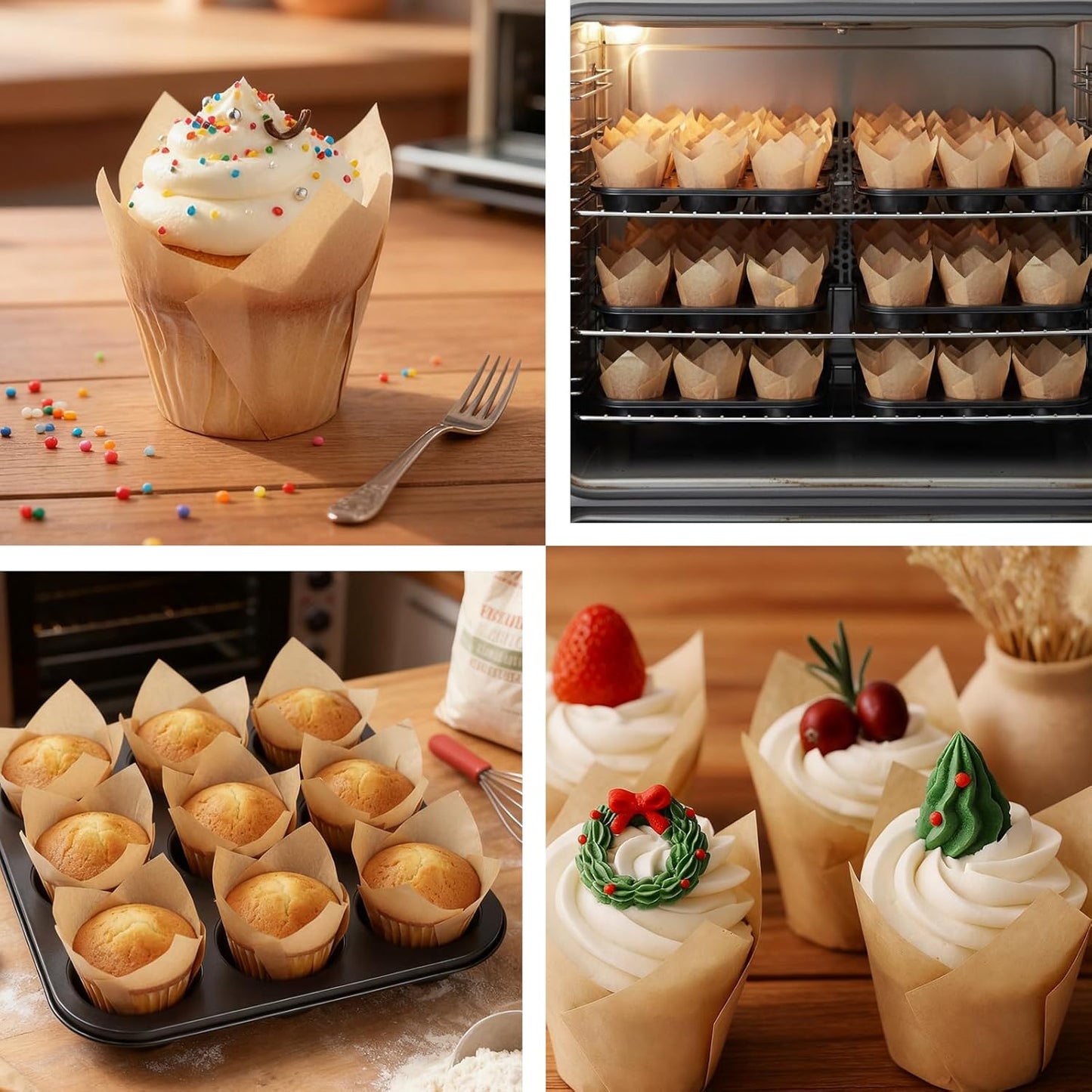 Skiennix Tulip Cupcake Liners - 200 Pcs Greaseproof Baking Cups for Parties & Events | Natural